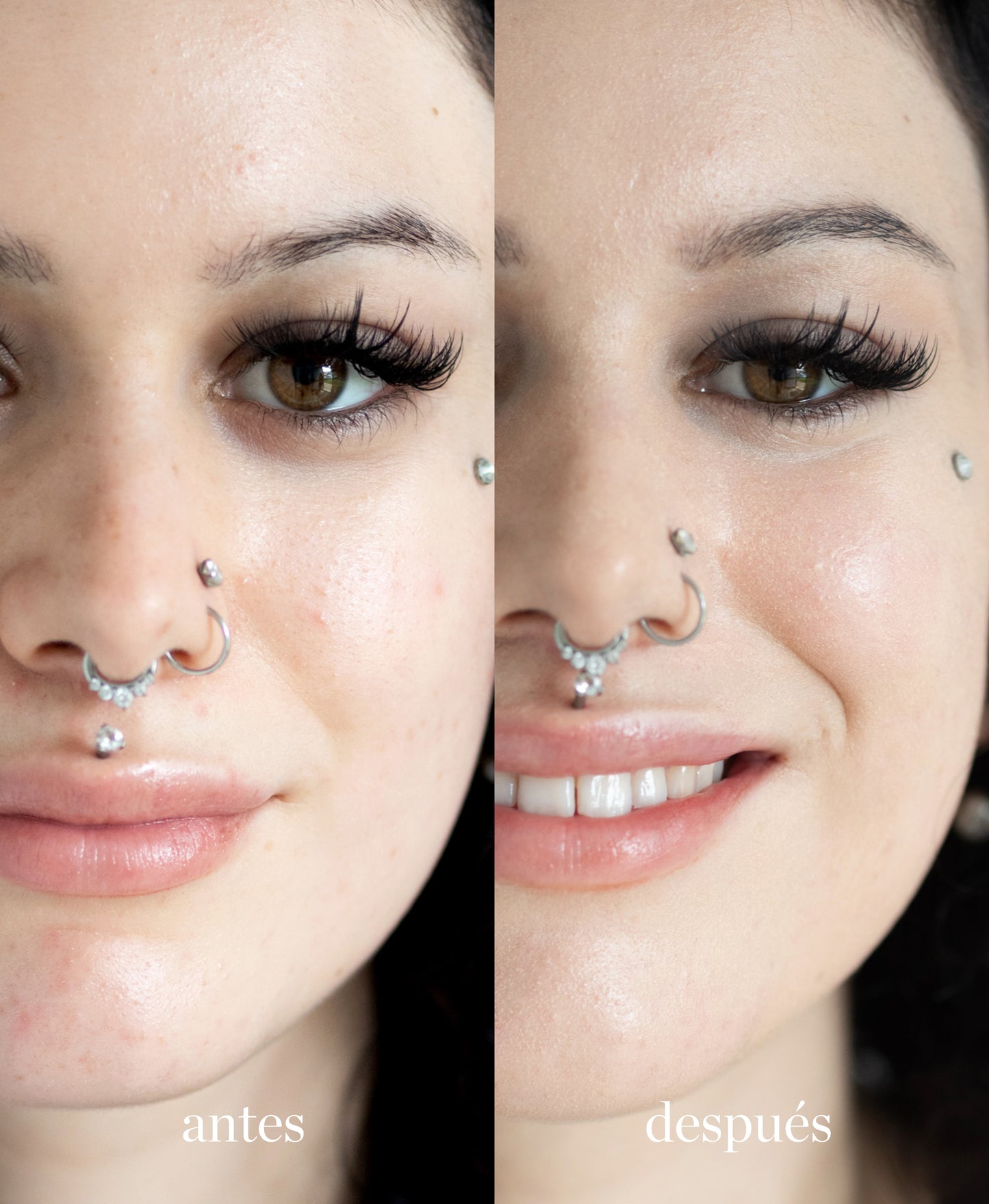 imagen de mujer con el antes y despues de utilizar tono nougat de maquillaje de avena ere perez