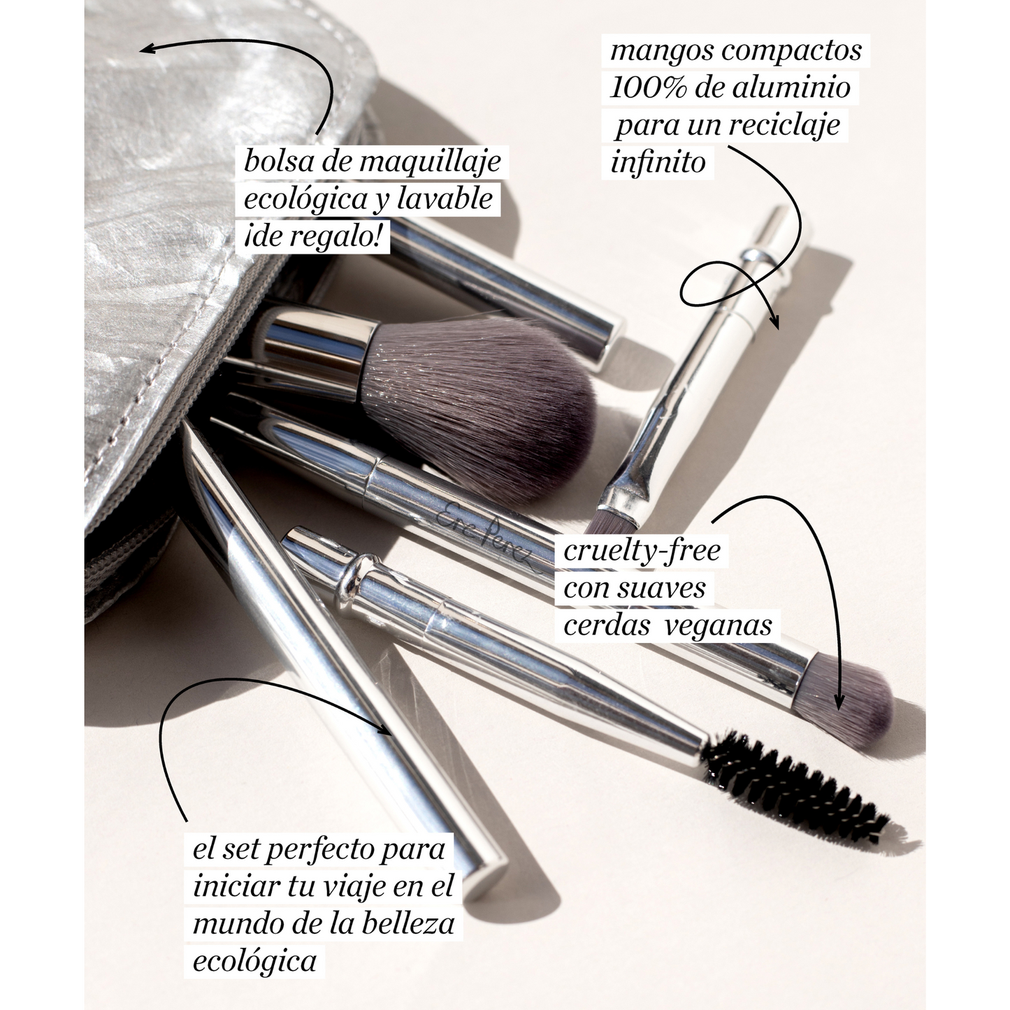 Inforgrafia del Set de brochas Eco Ere Perez caracteristicas como sostenible, bolsa lavable, cerdas cruelty free