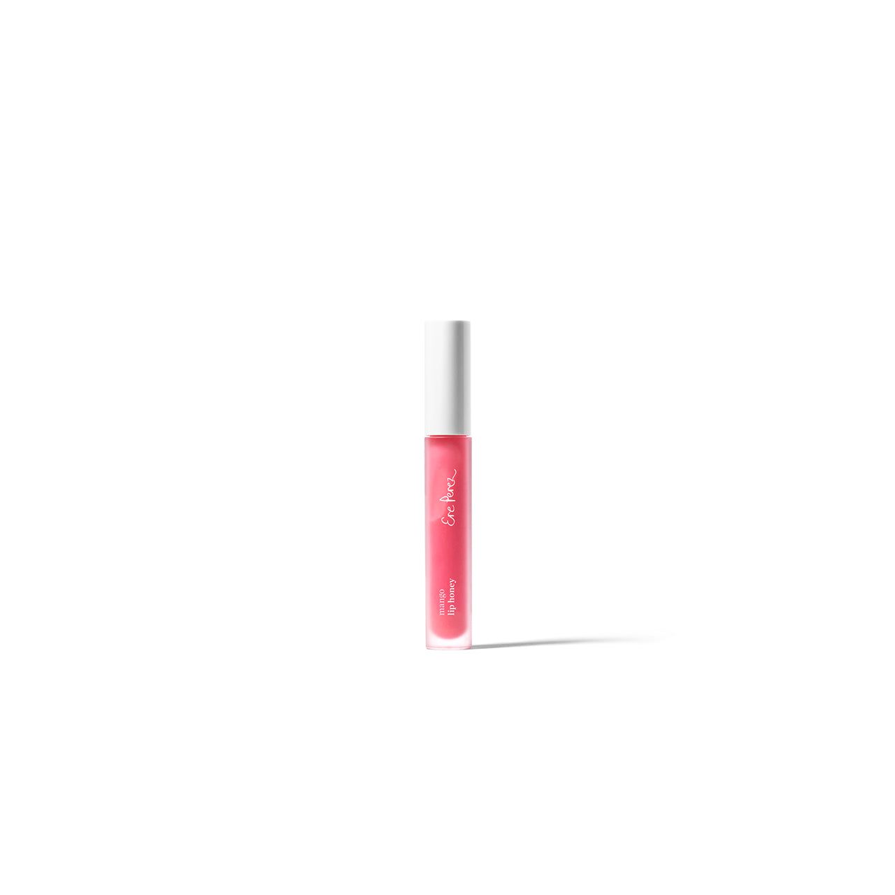 vista frontal de envase de plastico sostenible del lipgloss con mango ere perez pop rosado en fondo blanco