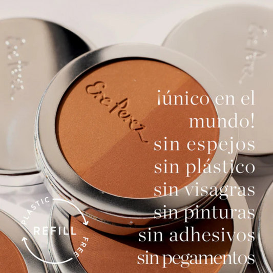 imagen de blush y bronceador tulum con envase sostenible de aluminio y con texto sobre los beneficios ere perez disponible en blumma