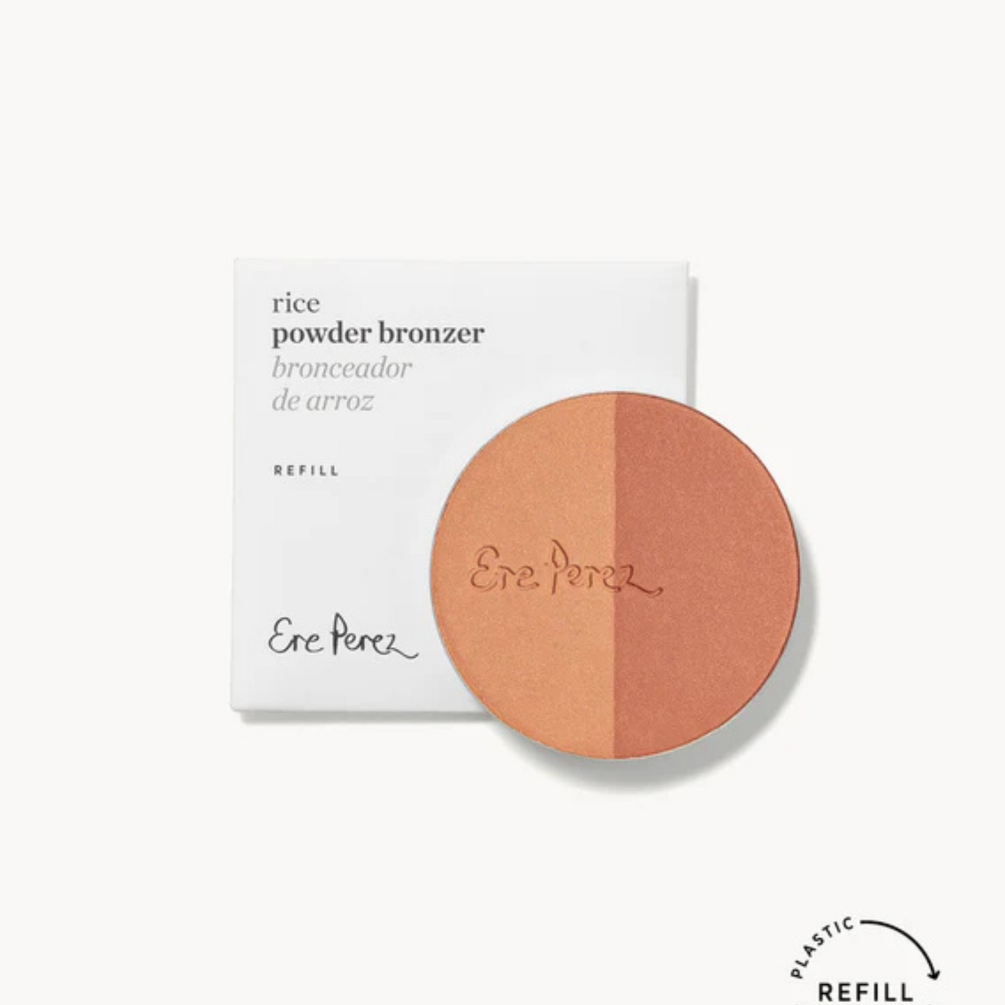vista frontal de pastilla de repuesto del blush y bronceador tulum junto con empaque sostenible de papel en fondo blanco ere perez disponible en blumma