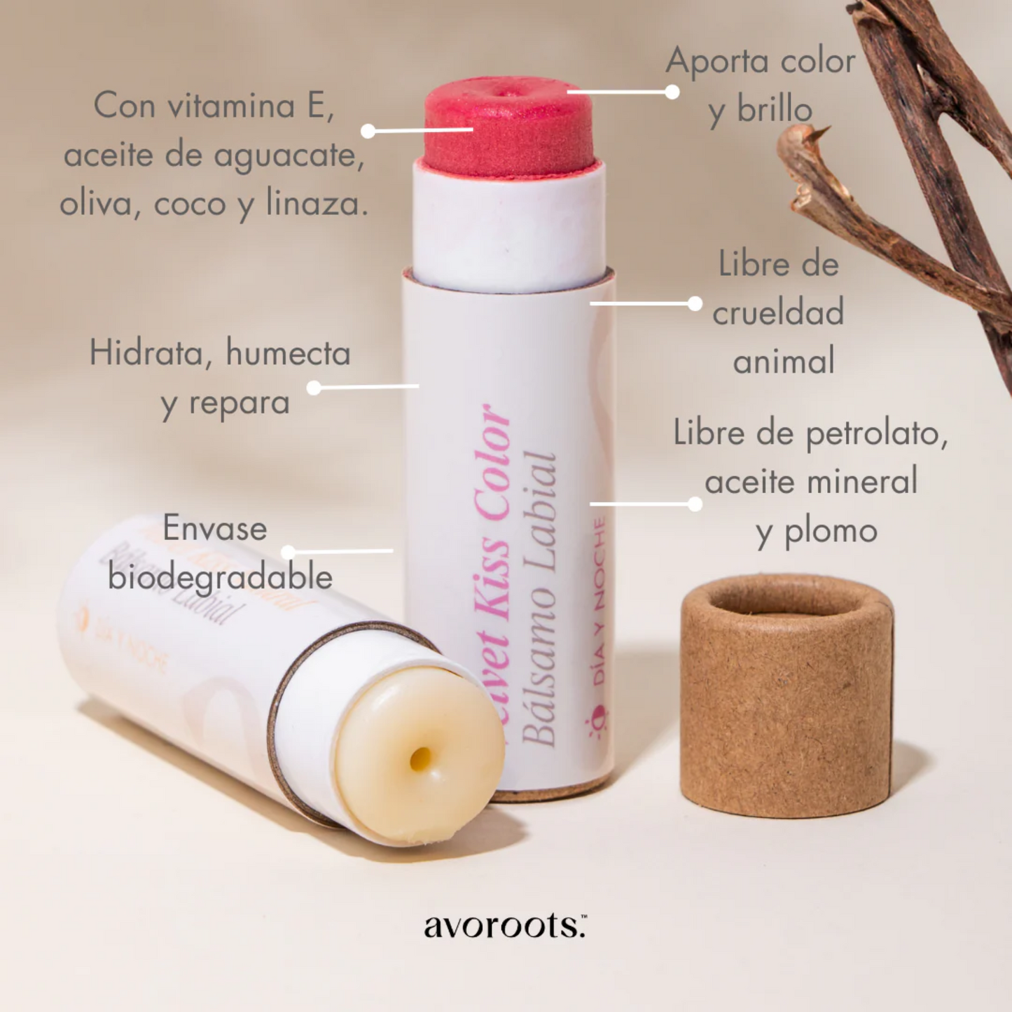 infografia del balsamo labial hidratante con color de avoroots