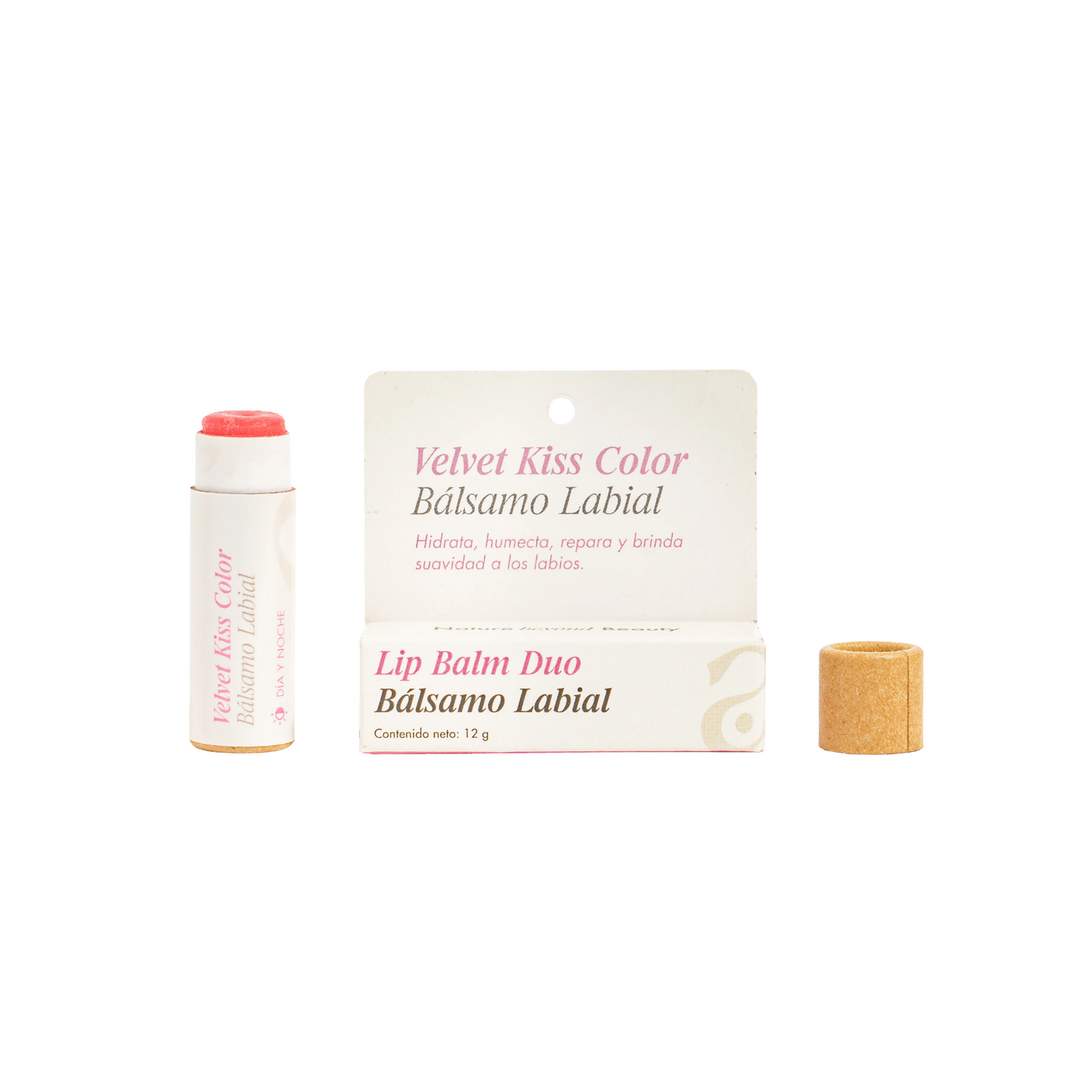 vista frontal del envase de carton del balsamo labial hidratante con color junto con empaque de avoroots en fondo blanco