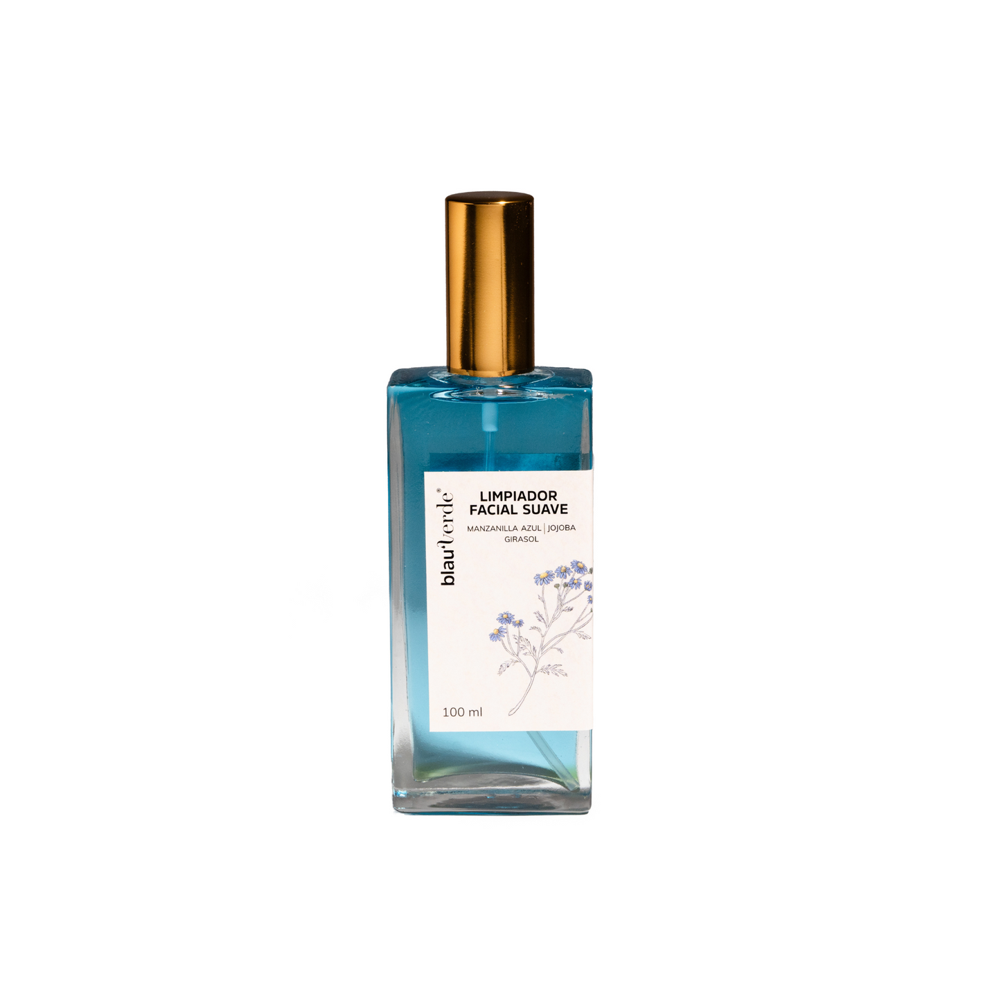 vista frontal de envase de vidrio transparente con tapa de aluminio dorado del limpiador facial suave de blauverde