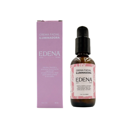 vista frontal de envase de vidrio color ambar de la crema facial iluminadora junto con empaque de edena en fondo blanco