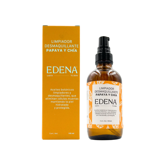 vista frontal de envase de vidrio color ambar del limpiador desmaquillante de papaya y chia junto con empaque edena en fondo blanco