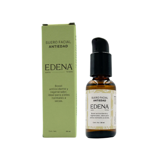 vista frontal de envase de vidrio color ambar del suero facial antiedad junto con empaque de edena en fondo blanco