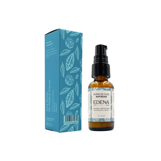 vista frontal de envase de vidrio color ambar del suero de ojos antiedad junto con empaque de edena en fondo blanco