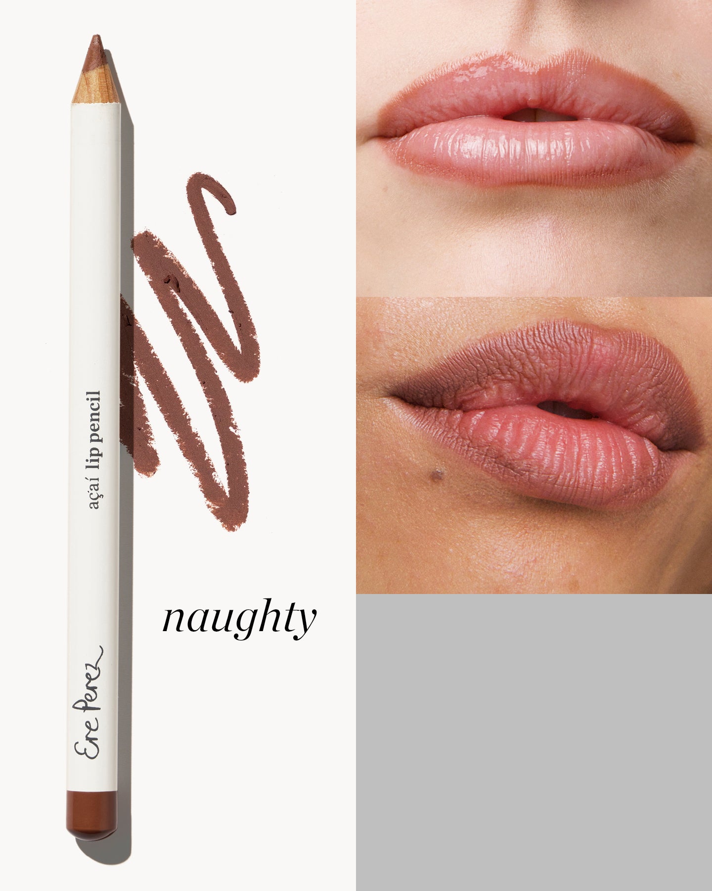 imagen tipo collage mostrando como se ve el tono naughty en dos labios diferentes ere perez disponible en blumma