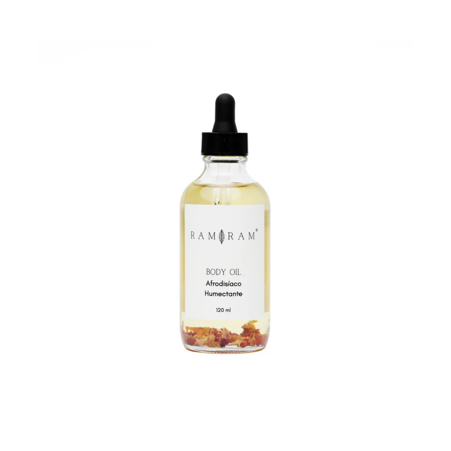 vista frontal de envase de vidrio transparente con aplicador de gotero del aceite corporal con aromaterapia afrodisiaco humectante ram ram en fondo blanco