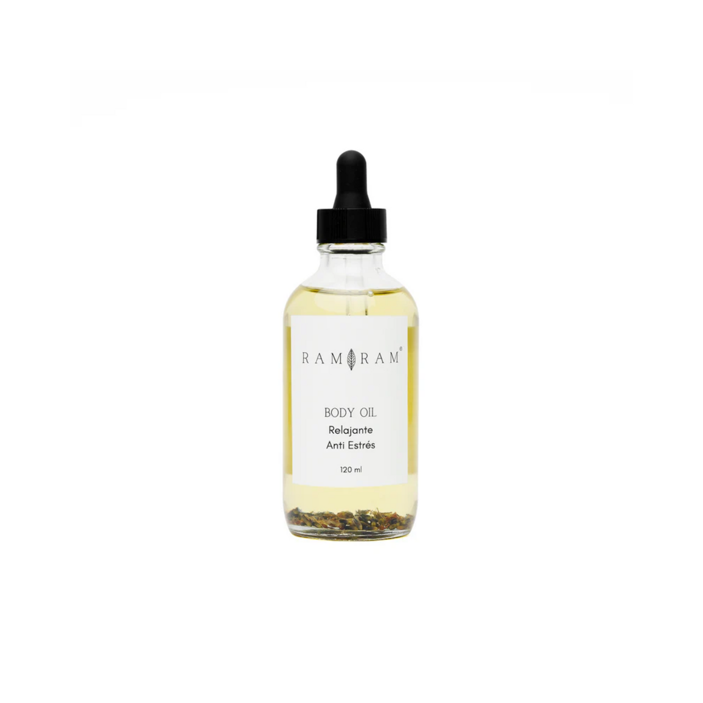 vista frontal de envase de vidrio transparente con aplicador de gotero del aceite corporal con aromaterapia relajante antiestres ram ram en fondo blanco