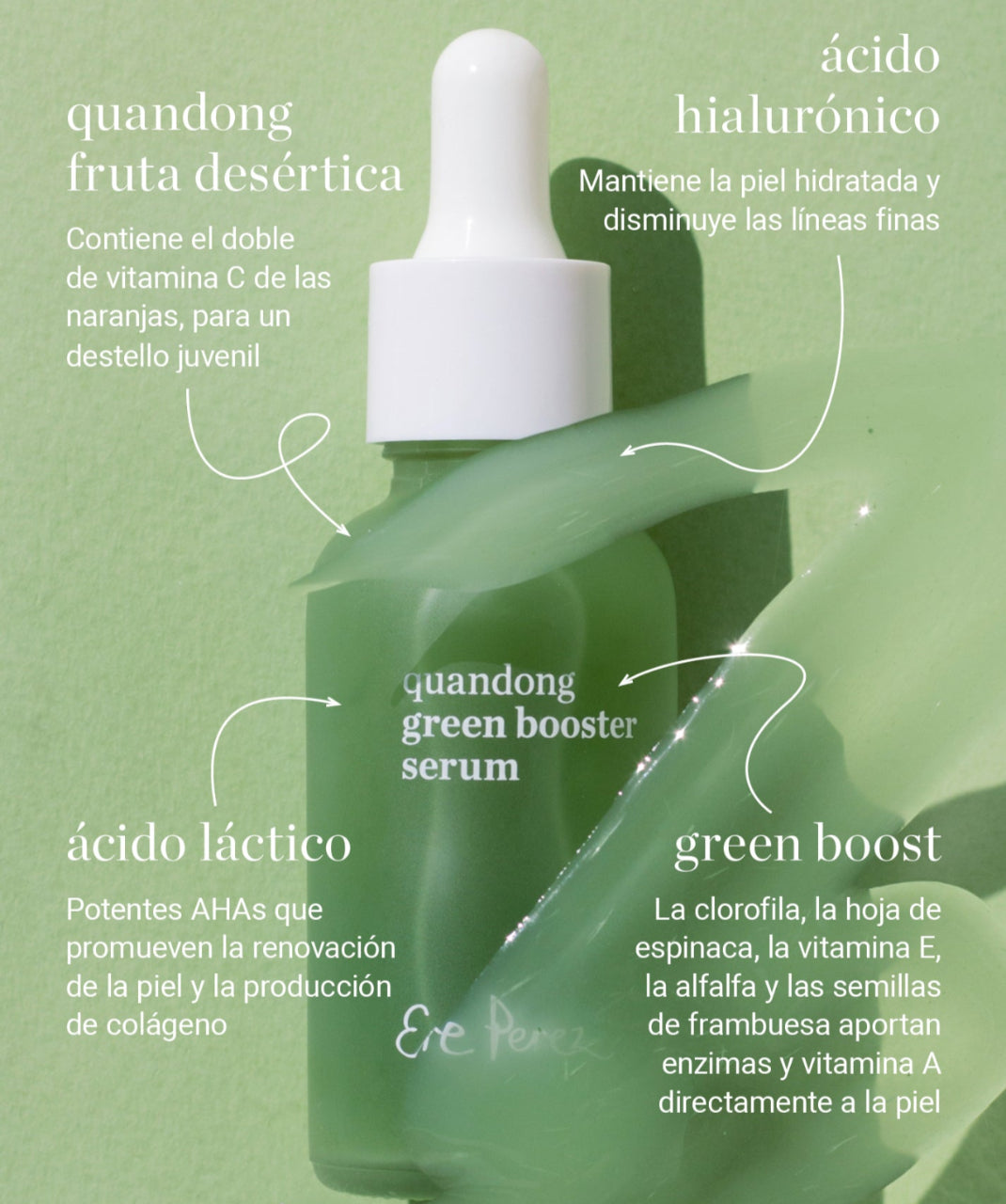 infografía del suero verde hidratante ere perez disponible en blumma