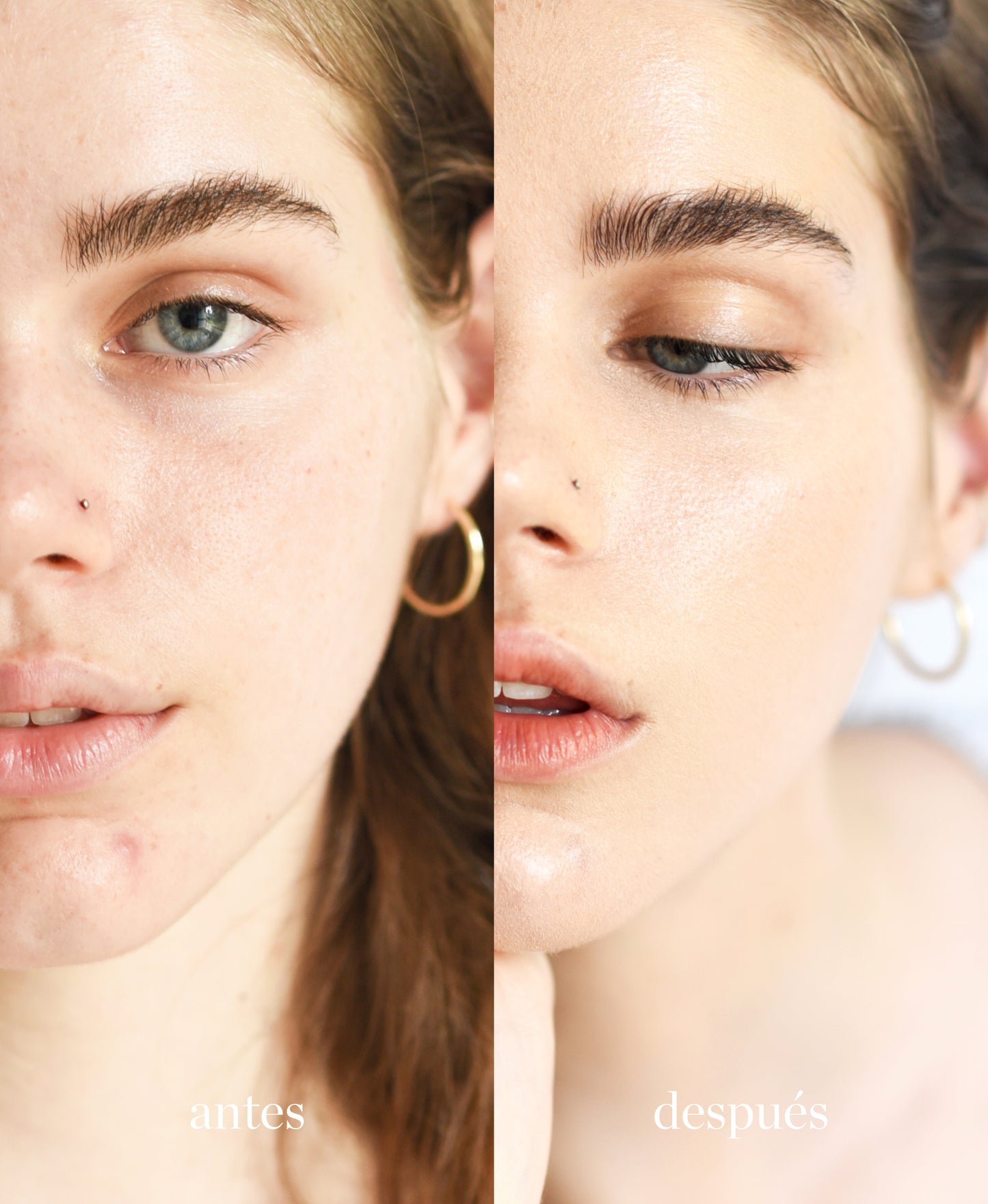 imagen de una mujer con el antes y despues de utilizar tono latte de maquillaje de avena ere perez