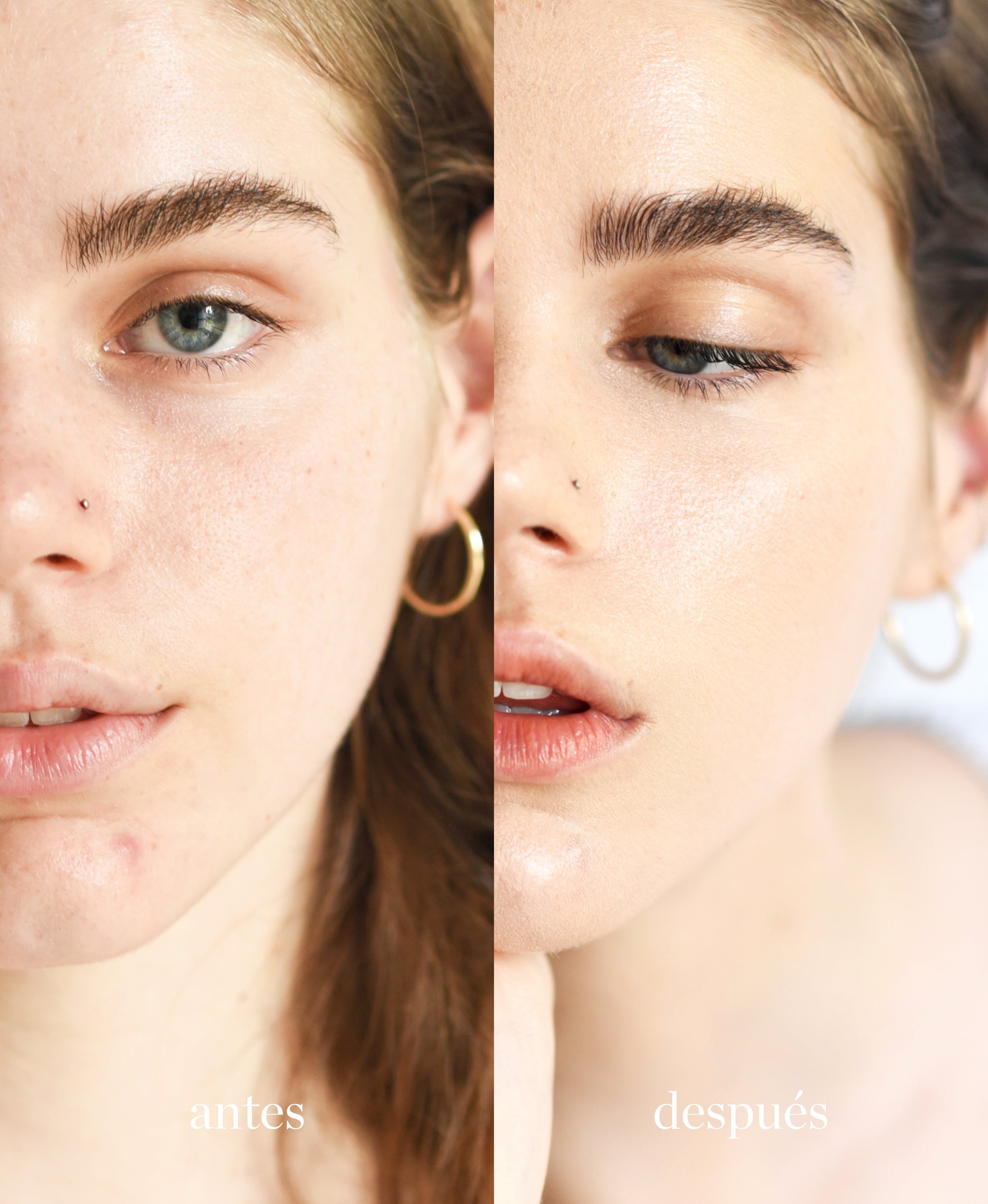 imagen de una mujer con el antes y despues de utilizar tono latte de maquillaje de avena ere perez