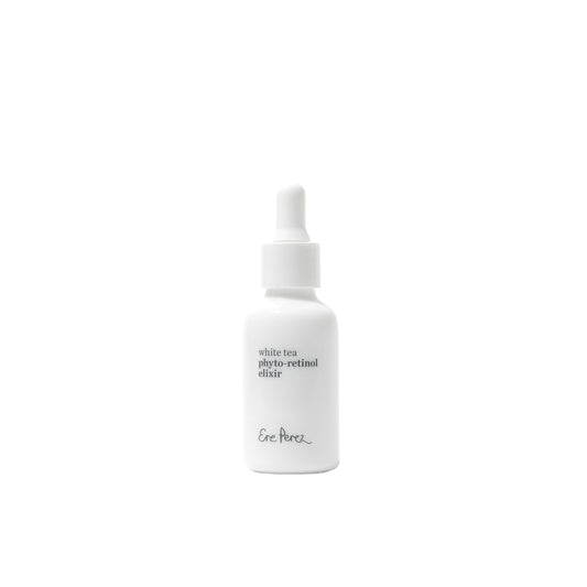 imagen frontal del envase blanco de vidrio con aplicador de gotero sostenible y letras negras producto fito retinol con bakuchiol ere perez en fondo blanco disponible en blumma