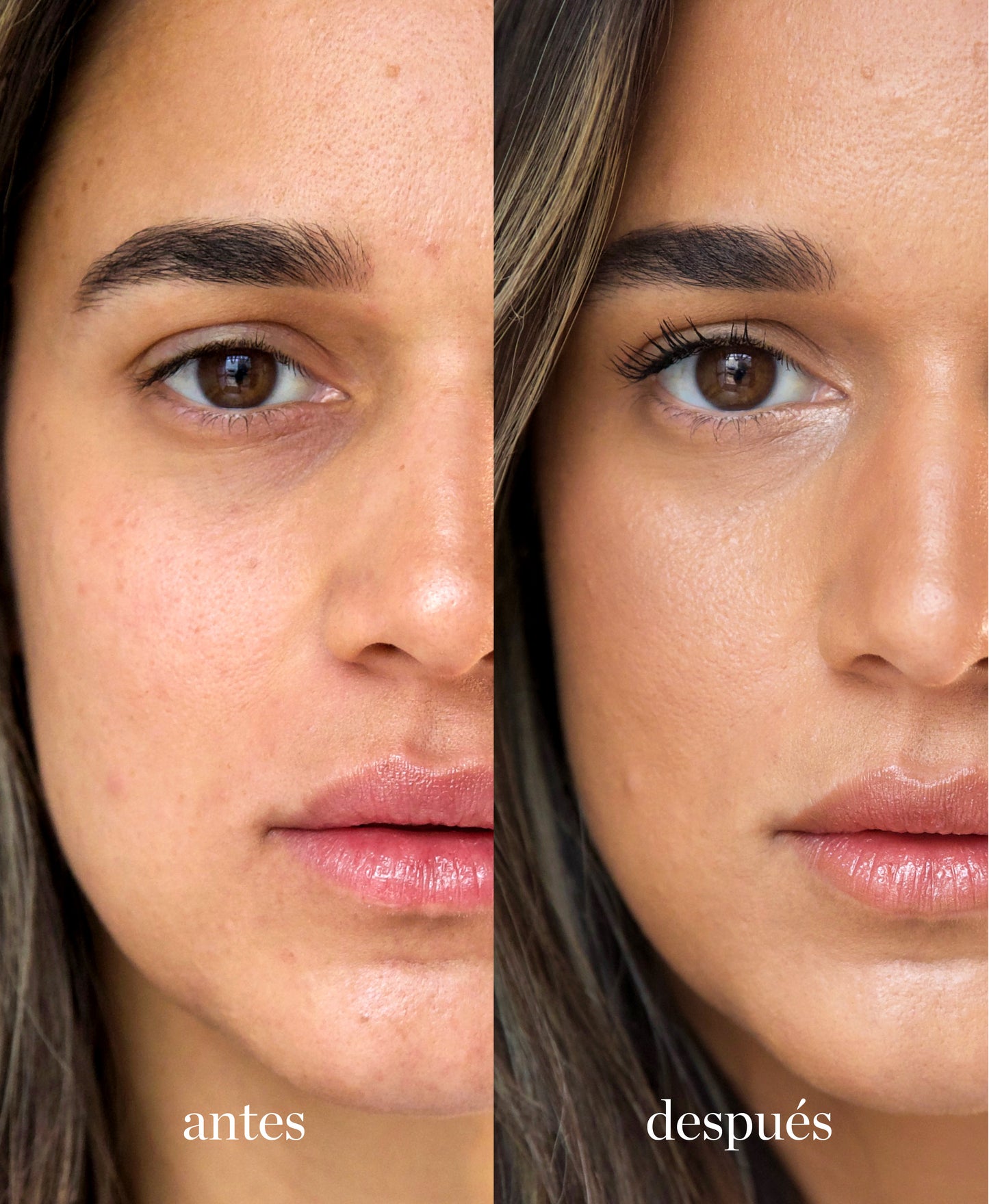 imagen de mujer con el antes y despues de utilizar tono brew de maquillaje de avena ere perez