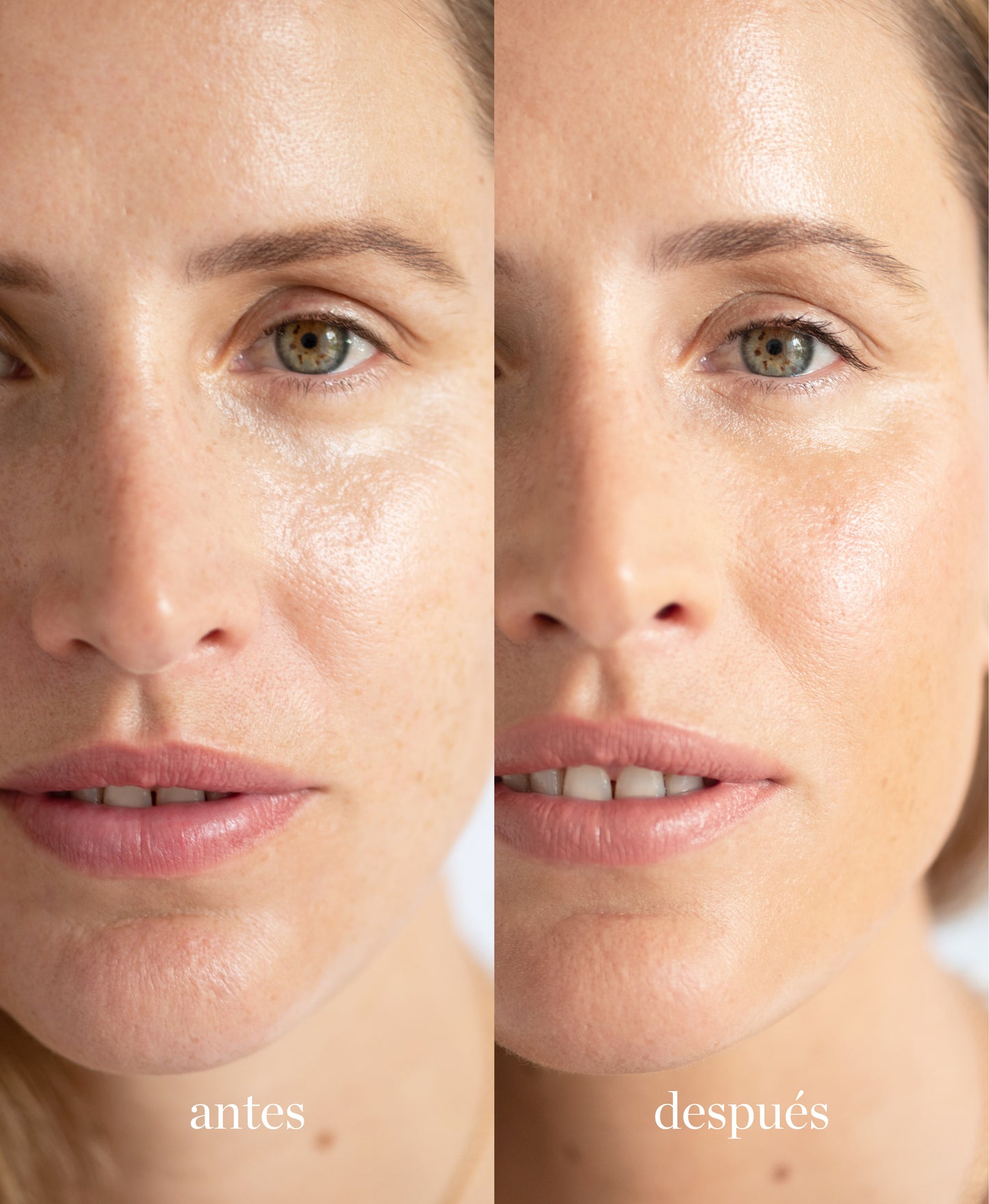 imagen de mujer con el antes y despues de utilizar tono caramel de maquillaje de avena ere perez