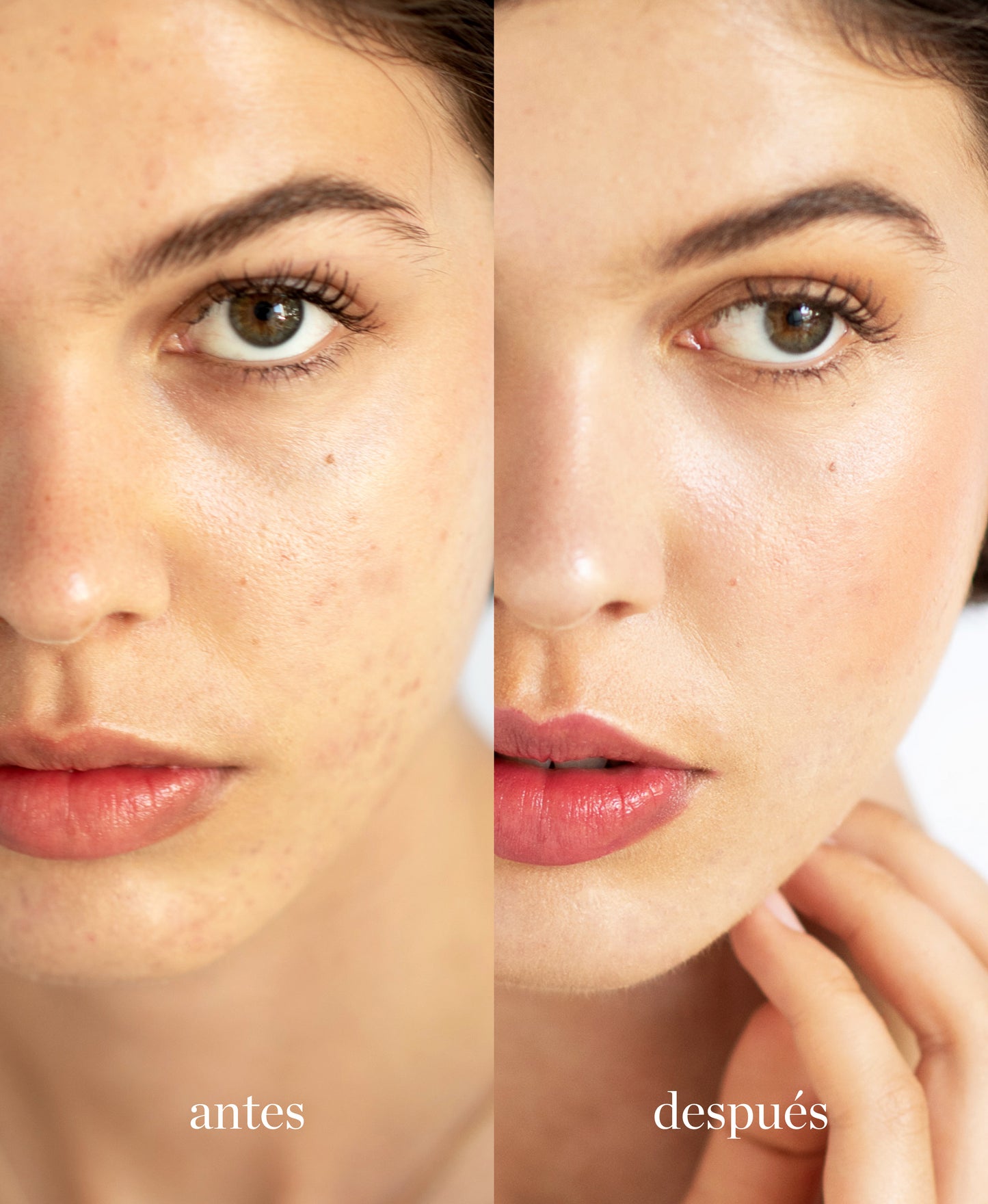 imagen de una mujer con el antes y despues de utilizar tono honey de maquillaje de avena ere perez