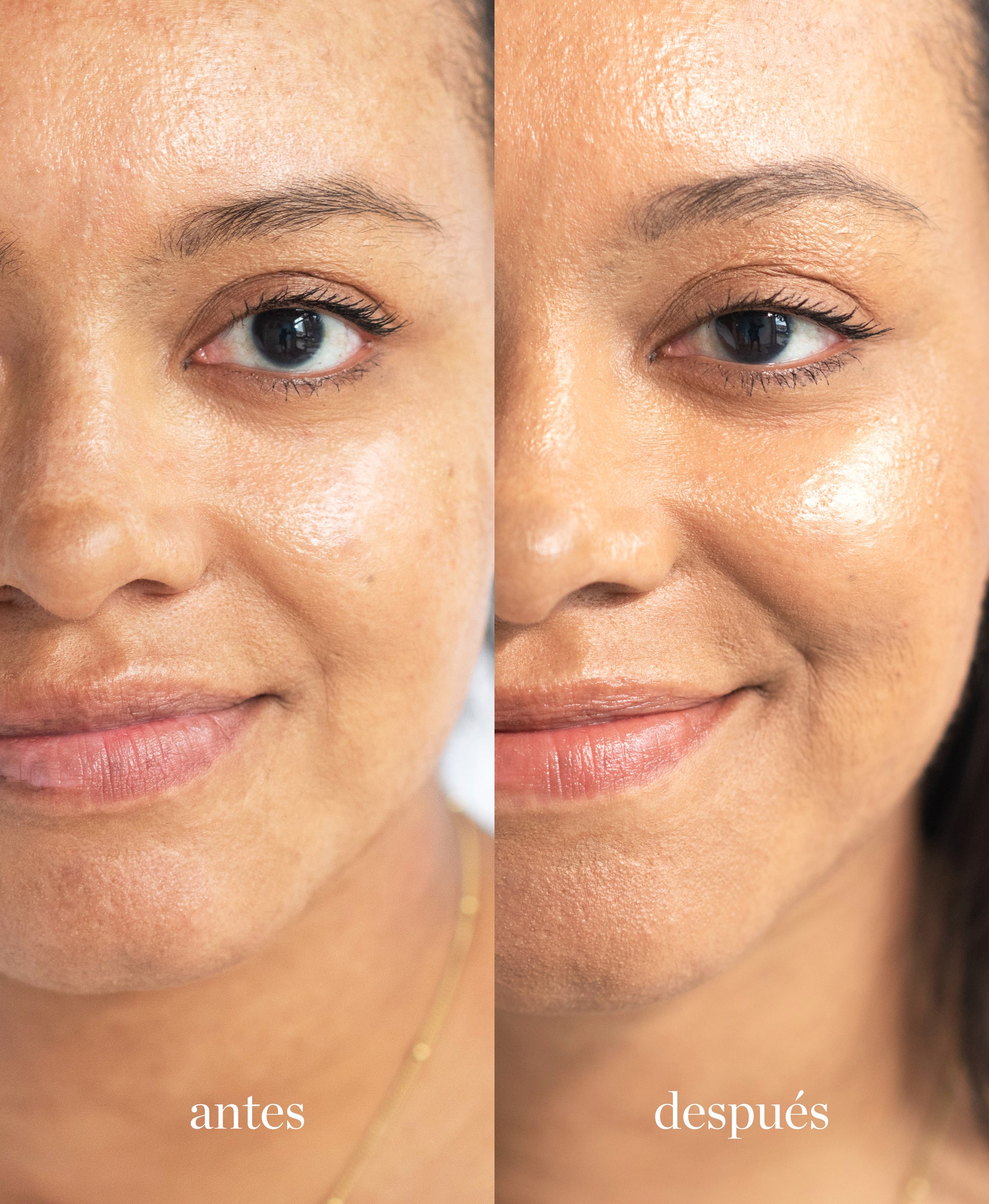 imagen de mujer con el antes y despues de utilizar tono mocha de maquillaje de avena ere perez