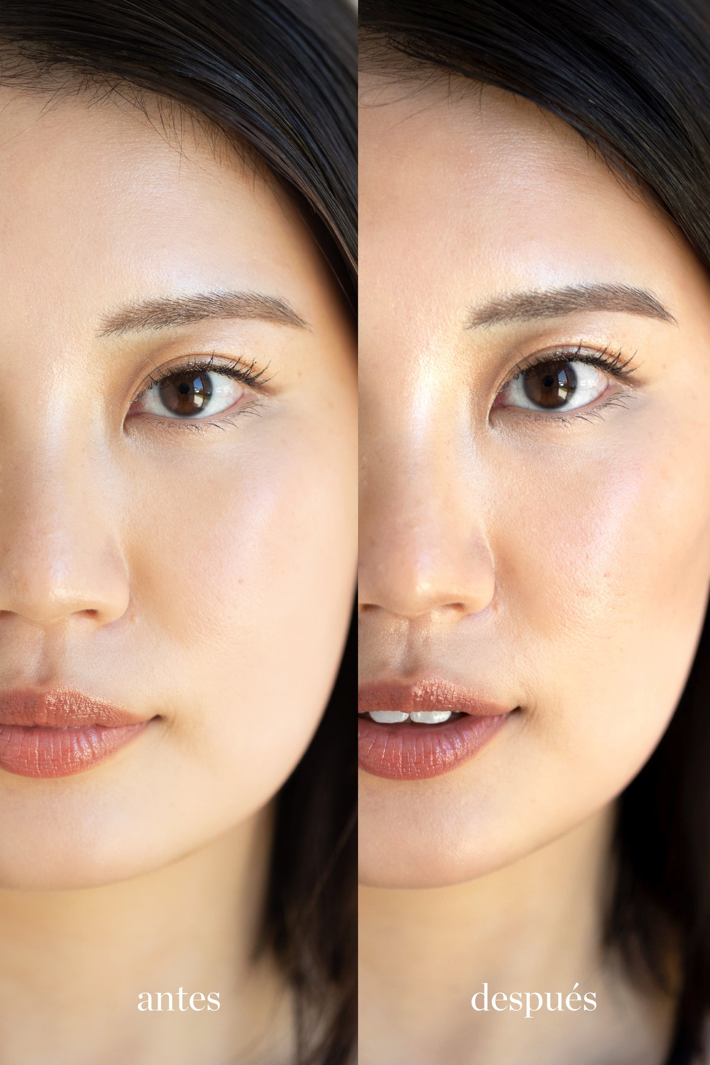 diferencias entre antes y despues de utilizar balsamo de cacao tono playa en modelo femenino asiatico