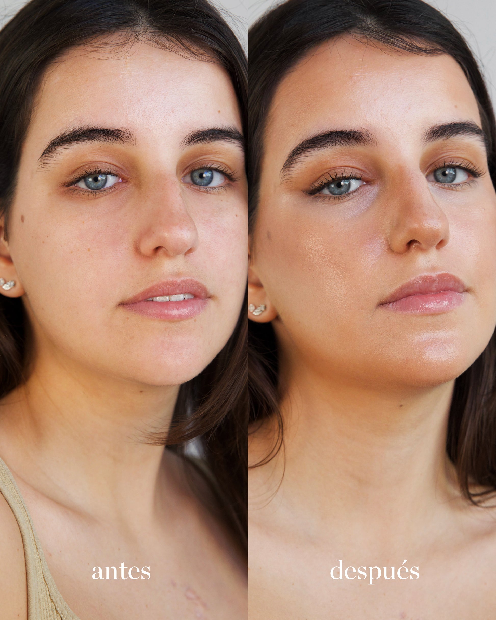 antes y despues de utilizar balsamo de cacao ere perez tono sol en mujer. disponible en blumma
