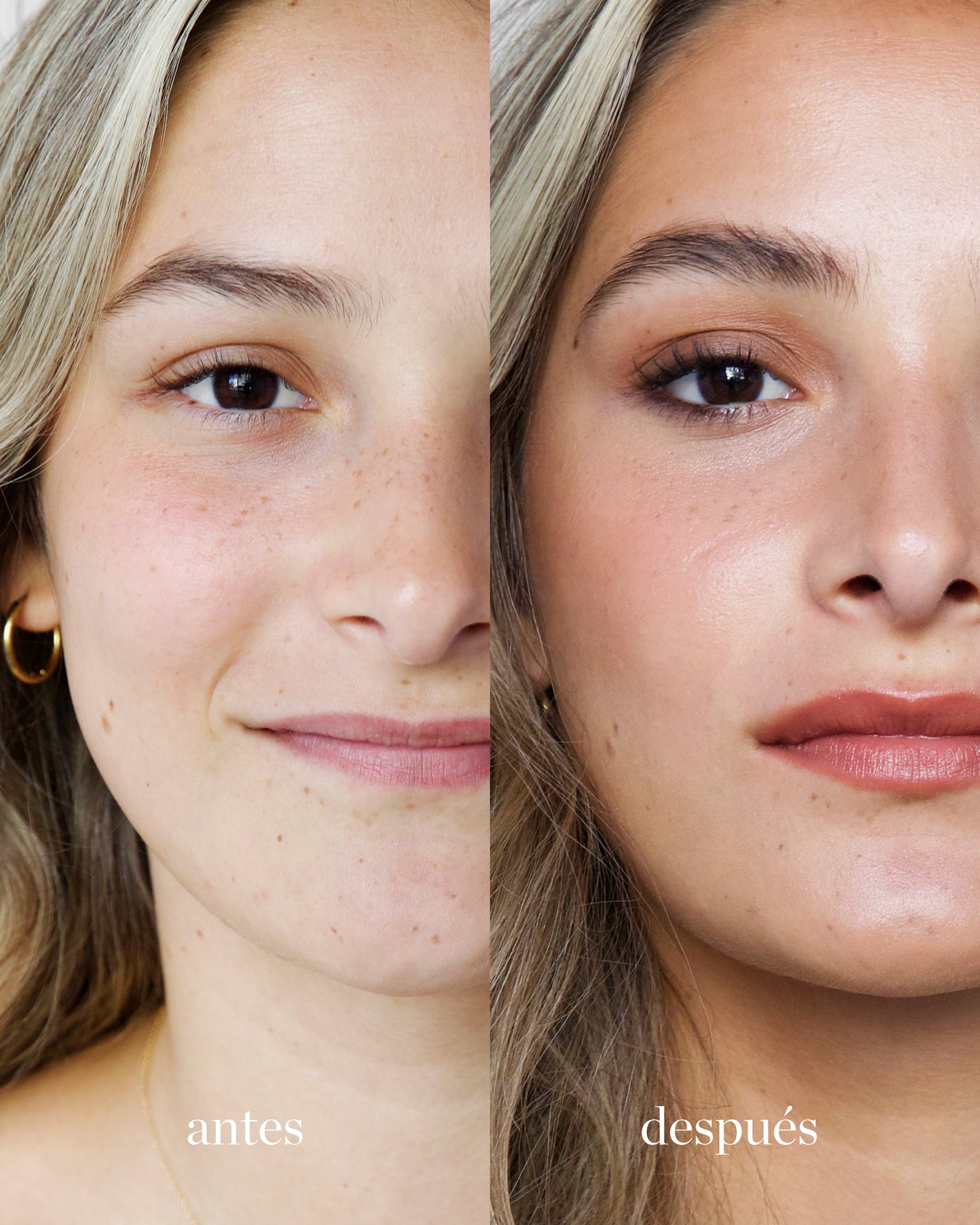 antes y despues de utilizar balsamo de cacao ere perez tono sol en mujer. blanca disponible en blumma