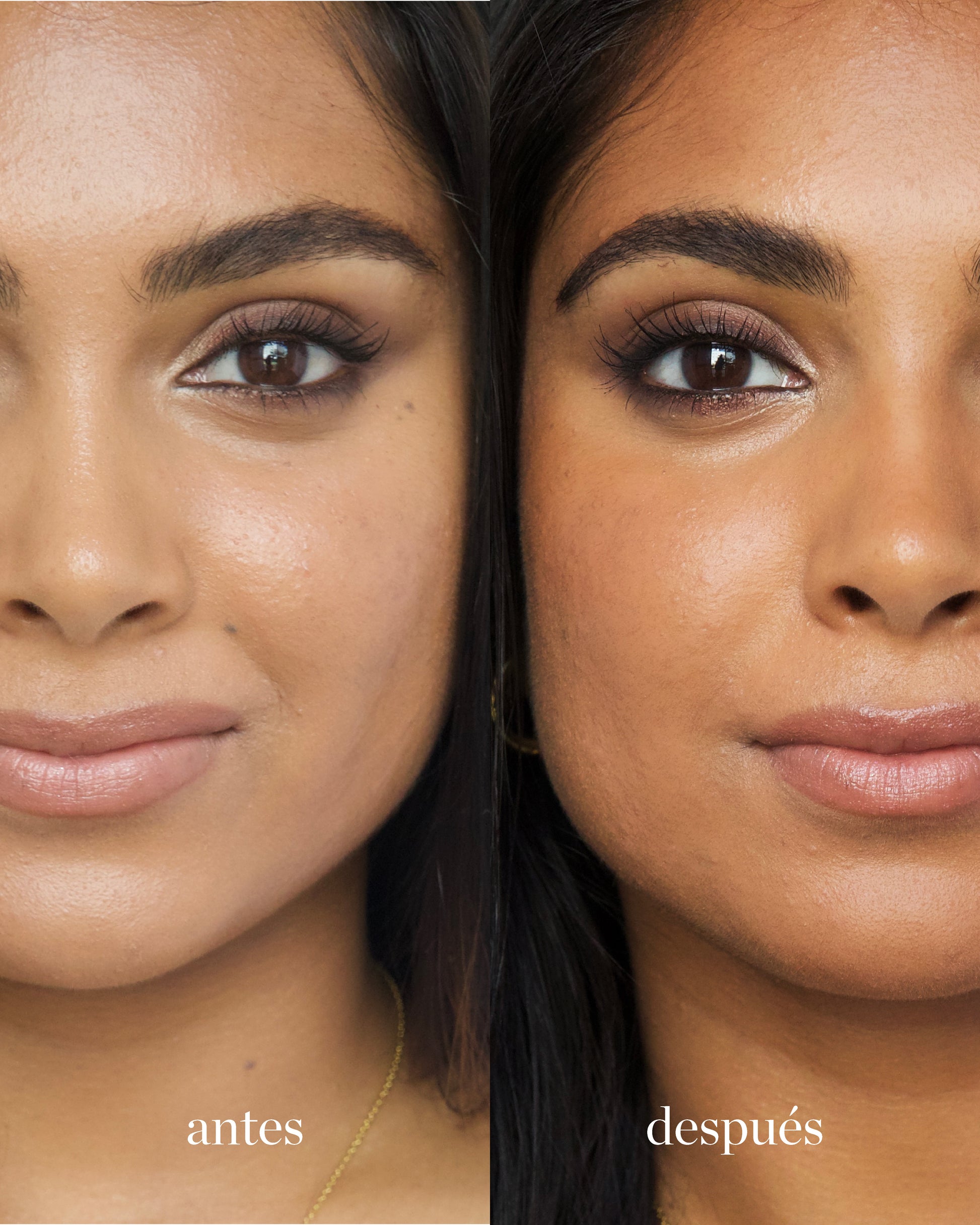 antes y despues de utilizar balsamo de cacao ere perez tono sol en mujer morena. disponible en blumma
