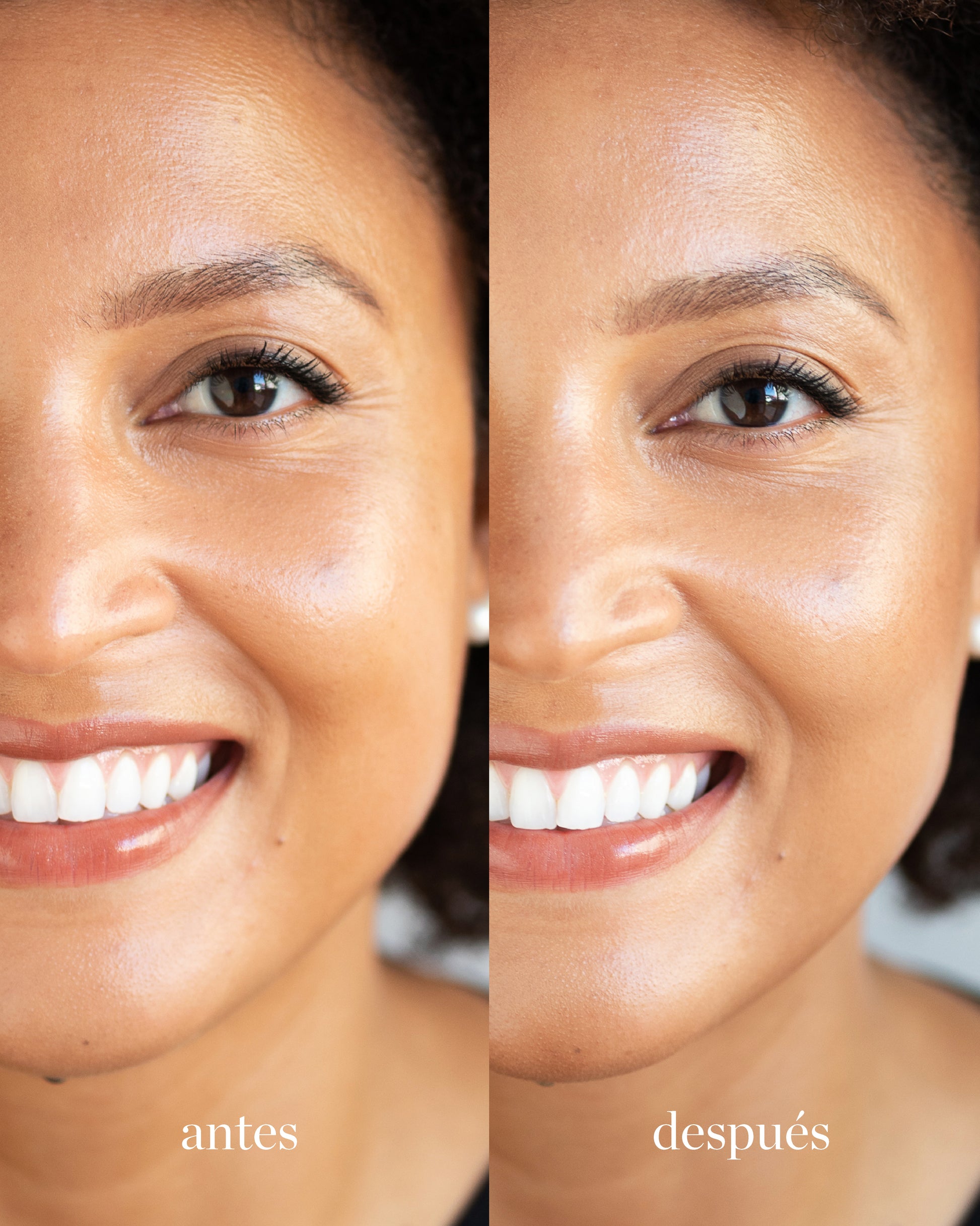 antes y despues de utilizar balsamo de cacao ere perez tono sol en mujer sonriendo. disponible en blumma