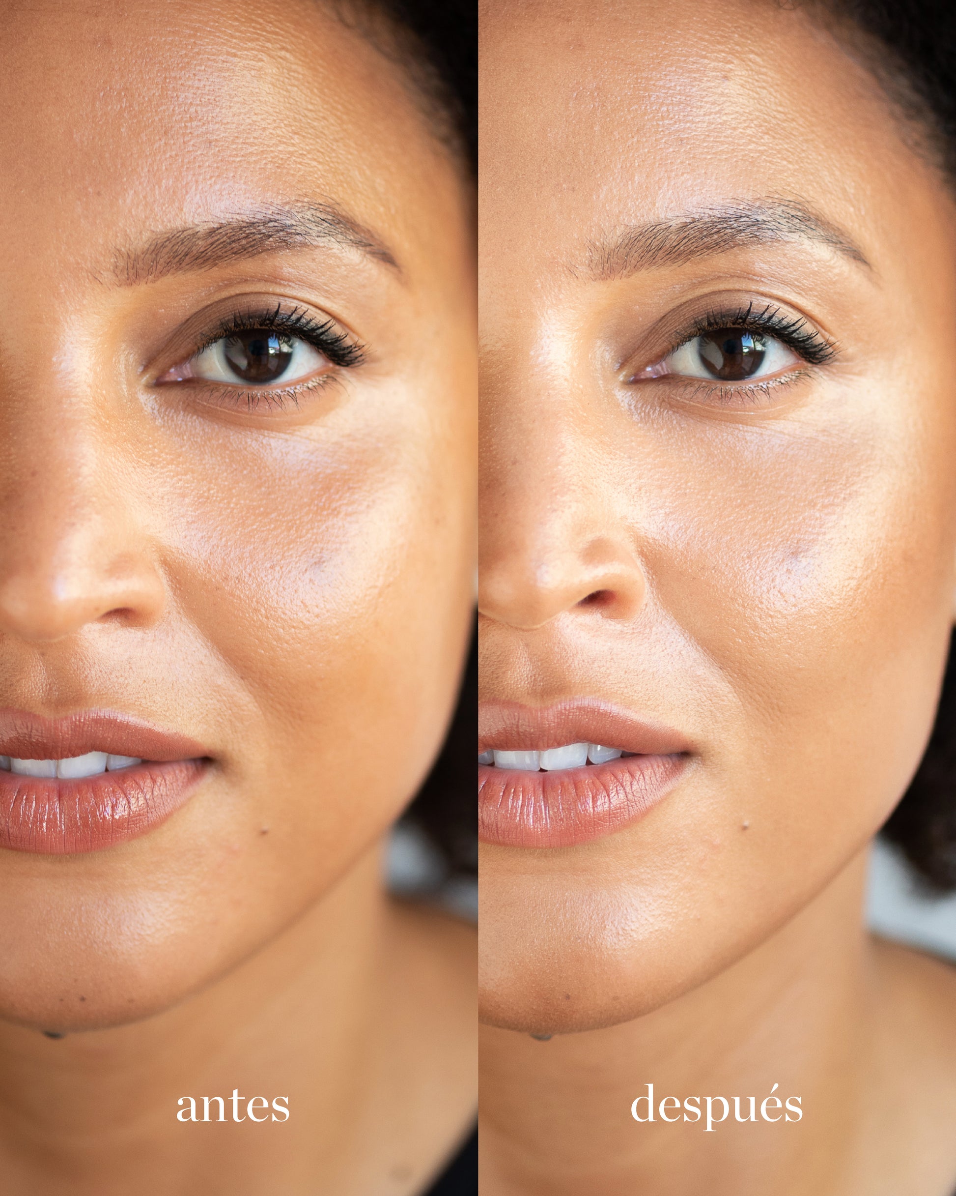 antes y despues de utilizar balsamo de cacao ere perez tono sol en mujer luminosa. disponible en blumma