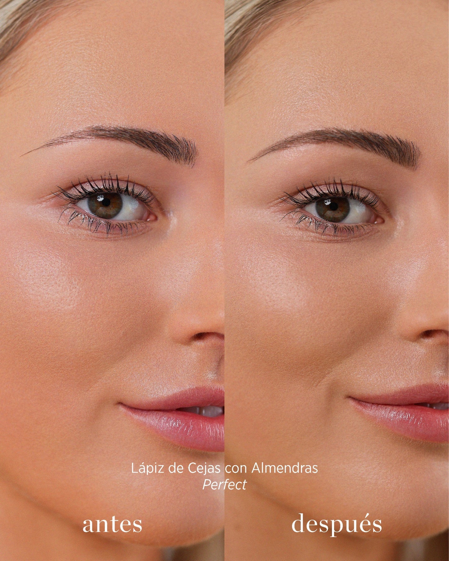 antes y después de lápiz de cejas con almendras tono Perfect Ere Perez disponible en Blumma