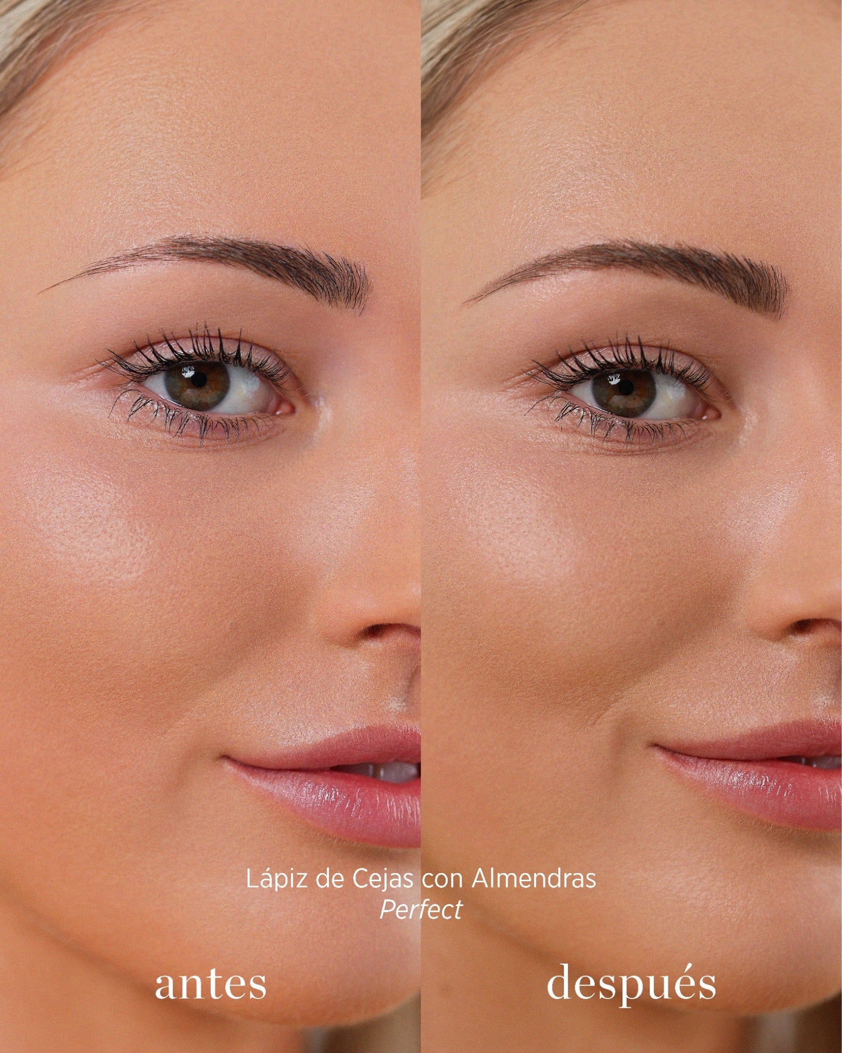 antes y después de lápiz de cejas con almendras tono Perfect Ere Perez disponible en Blumma
