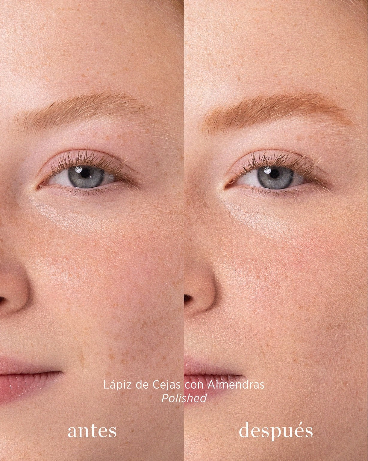 antes y después de lápiz de cejas con almendras tono Polished Ere Perez disponible en Blumma