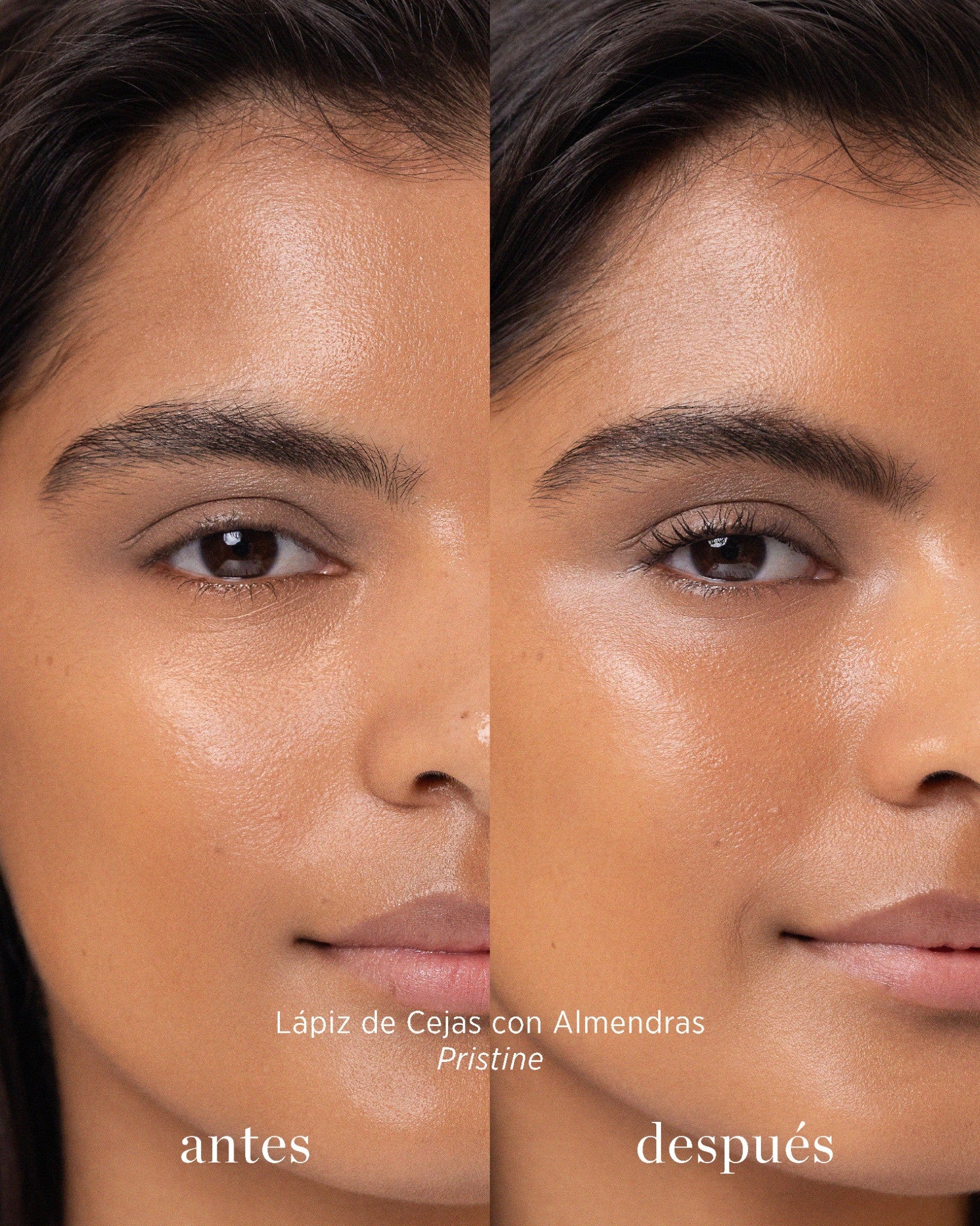 antes y después de lápiz de cejas con almendras tono Pristine Ere Perez disponible en Blumma