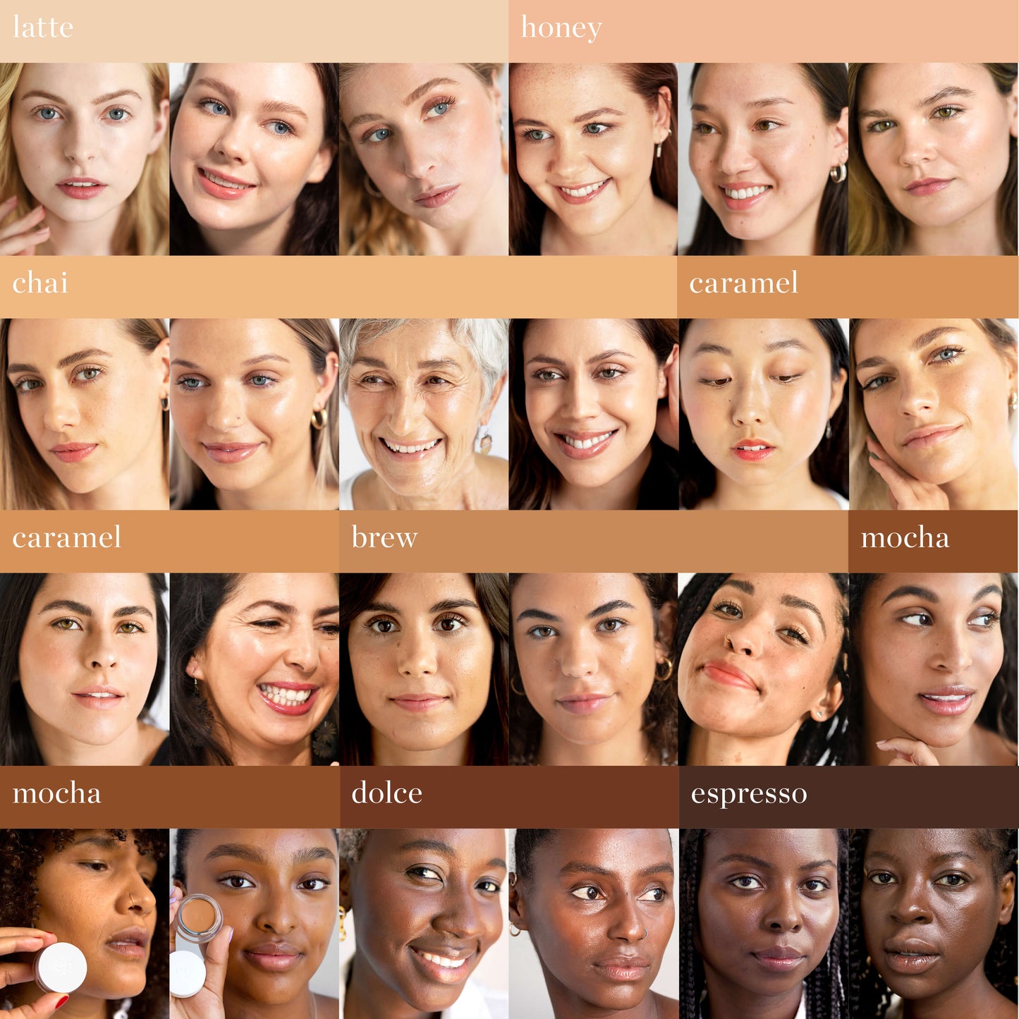 imagen de varias fotografías de mujeres con diferentes tonos de piel del mas claro al mas oscuro con indicadores de nombre de base corrector de arnica de ere perez disponible en blumma