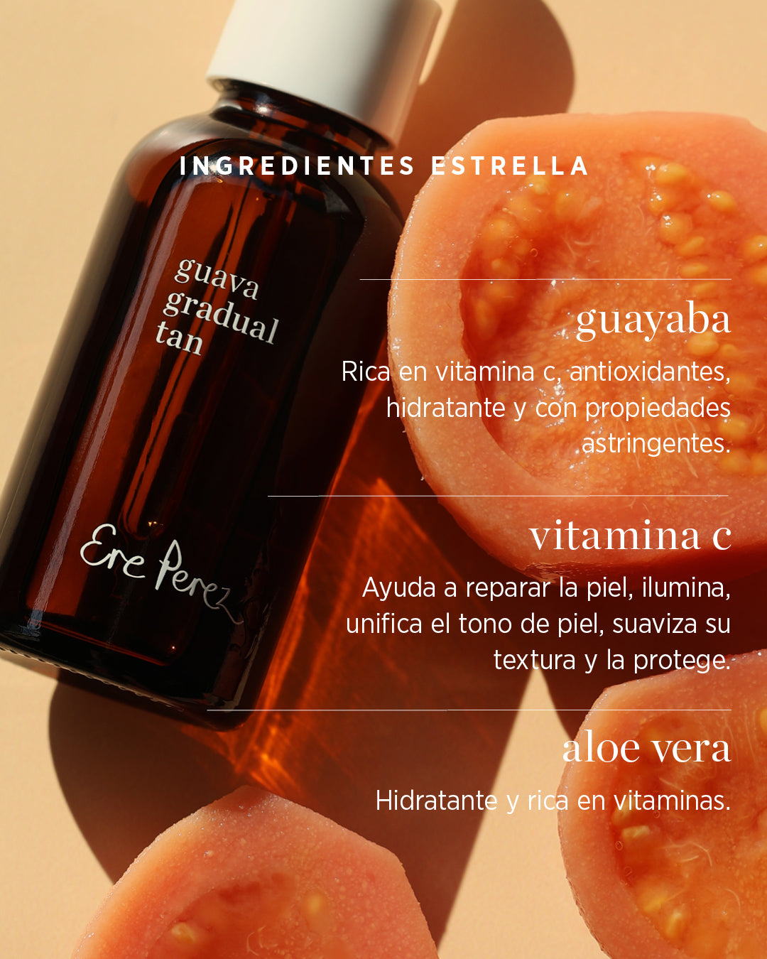 Infografia de bronceador gradual de guayaba con ingredientes beneficios antioxidantes disponible en BLUMMA