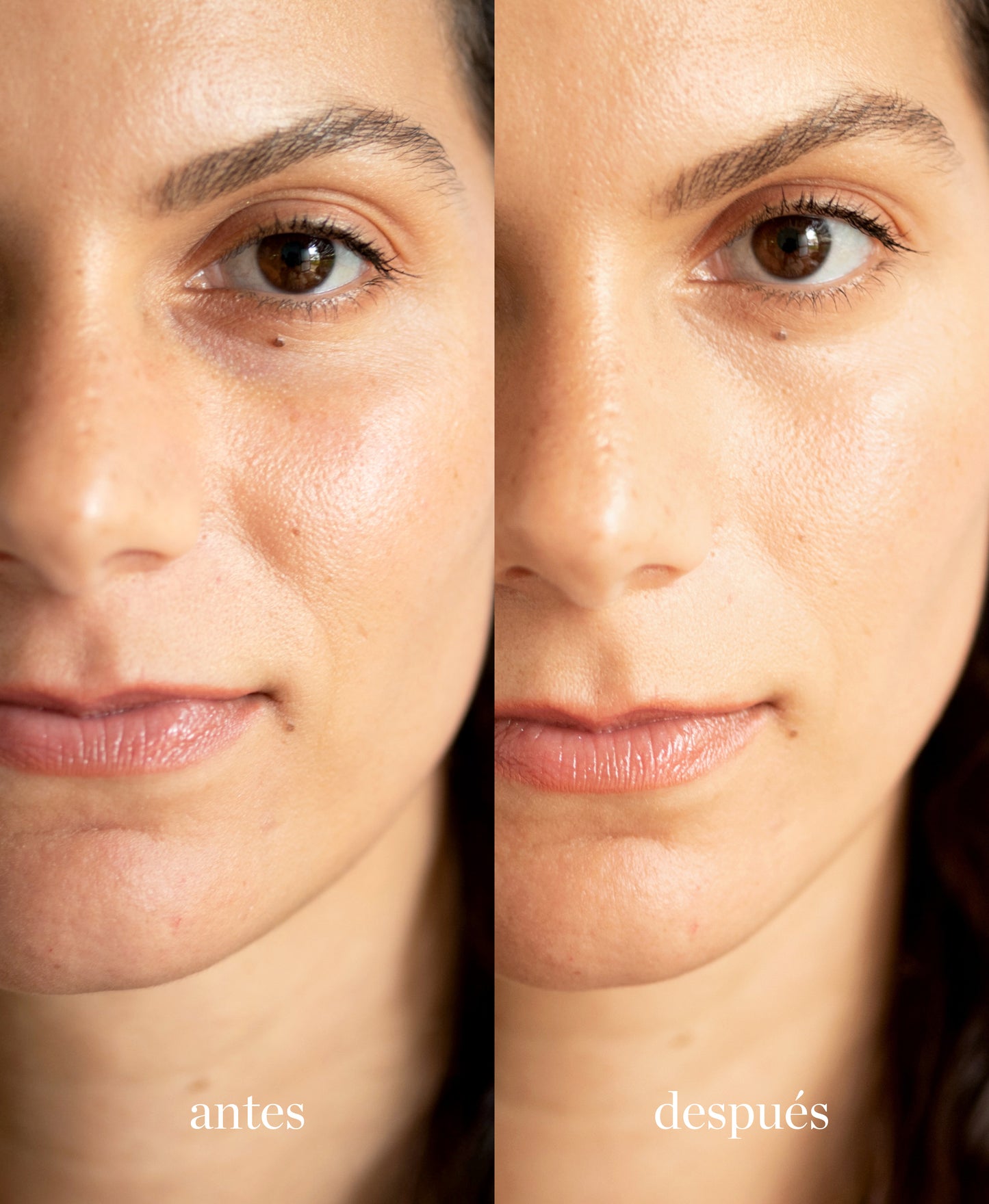 muestra de diferencias antes y despues en mujer de utilizar corrector con lichi ere perez tono dos