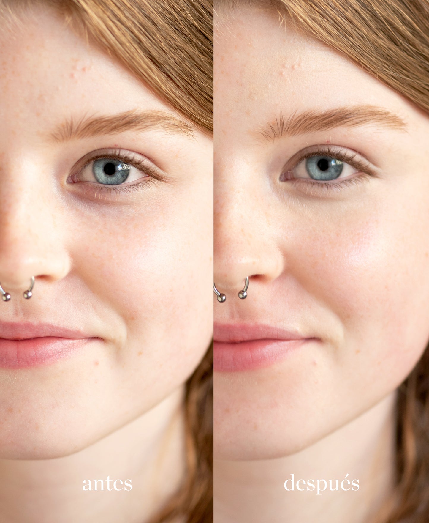 muestra de diferencias antes y despues en mujer de utilizar corrector con lichi ere perez tono uno