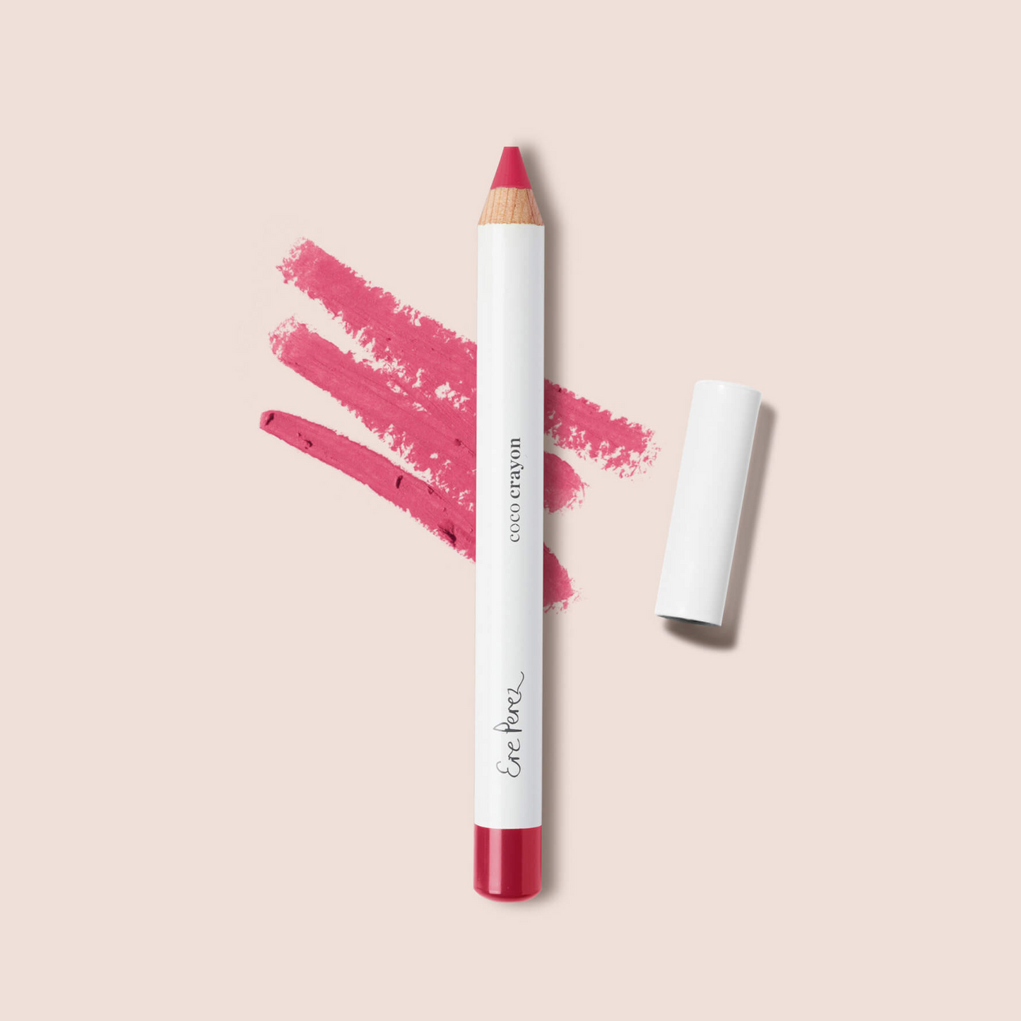imagen frontal sobre fondo blanco con swatch del tono babe de lapiz crayon de madera de ere perez disponible en blumma