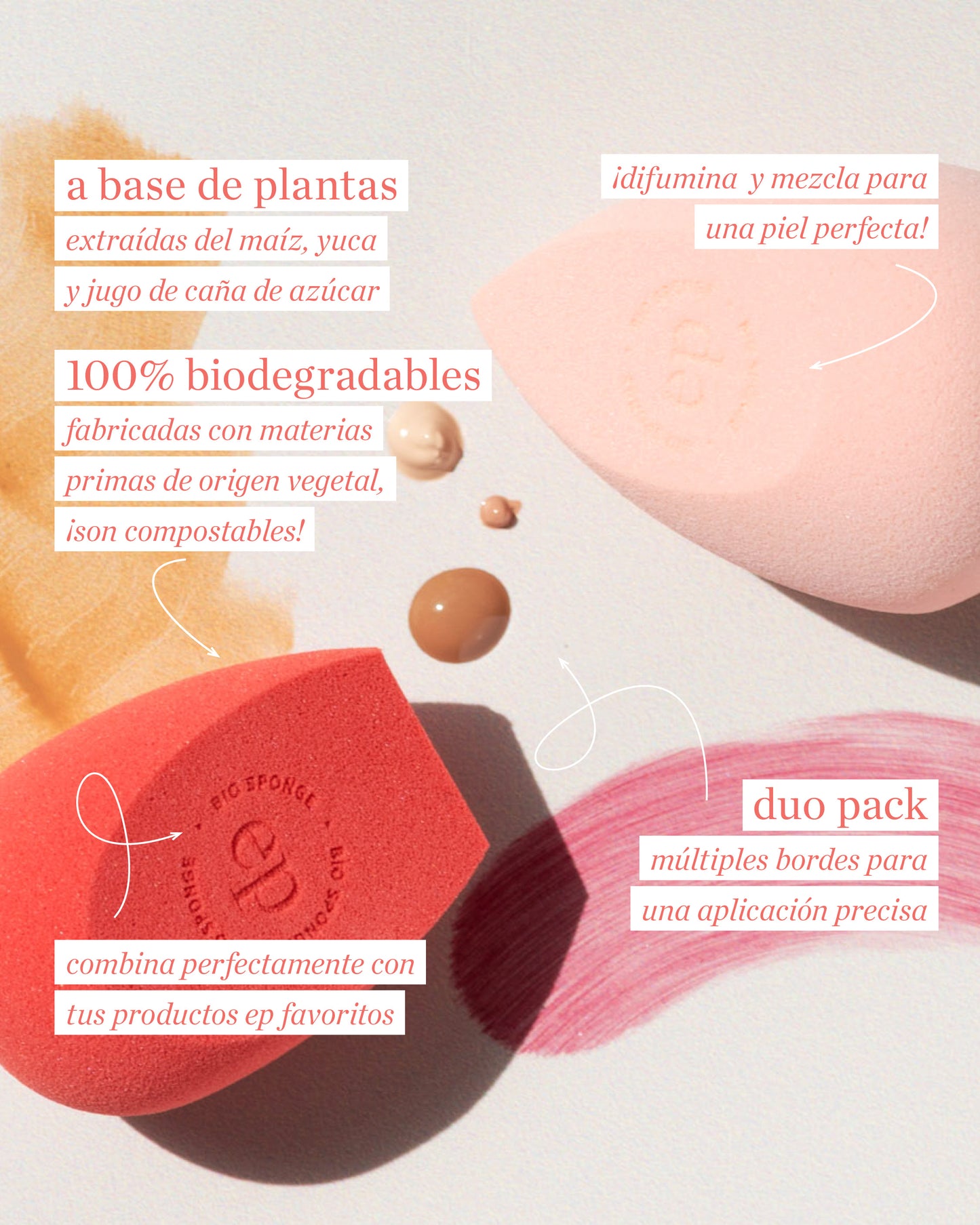 Infografia de eco esponja Ere Perez muestra que son a base de plantas, mezcla perfecta con maquillaje