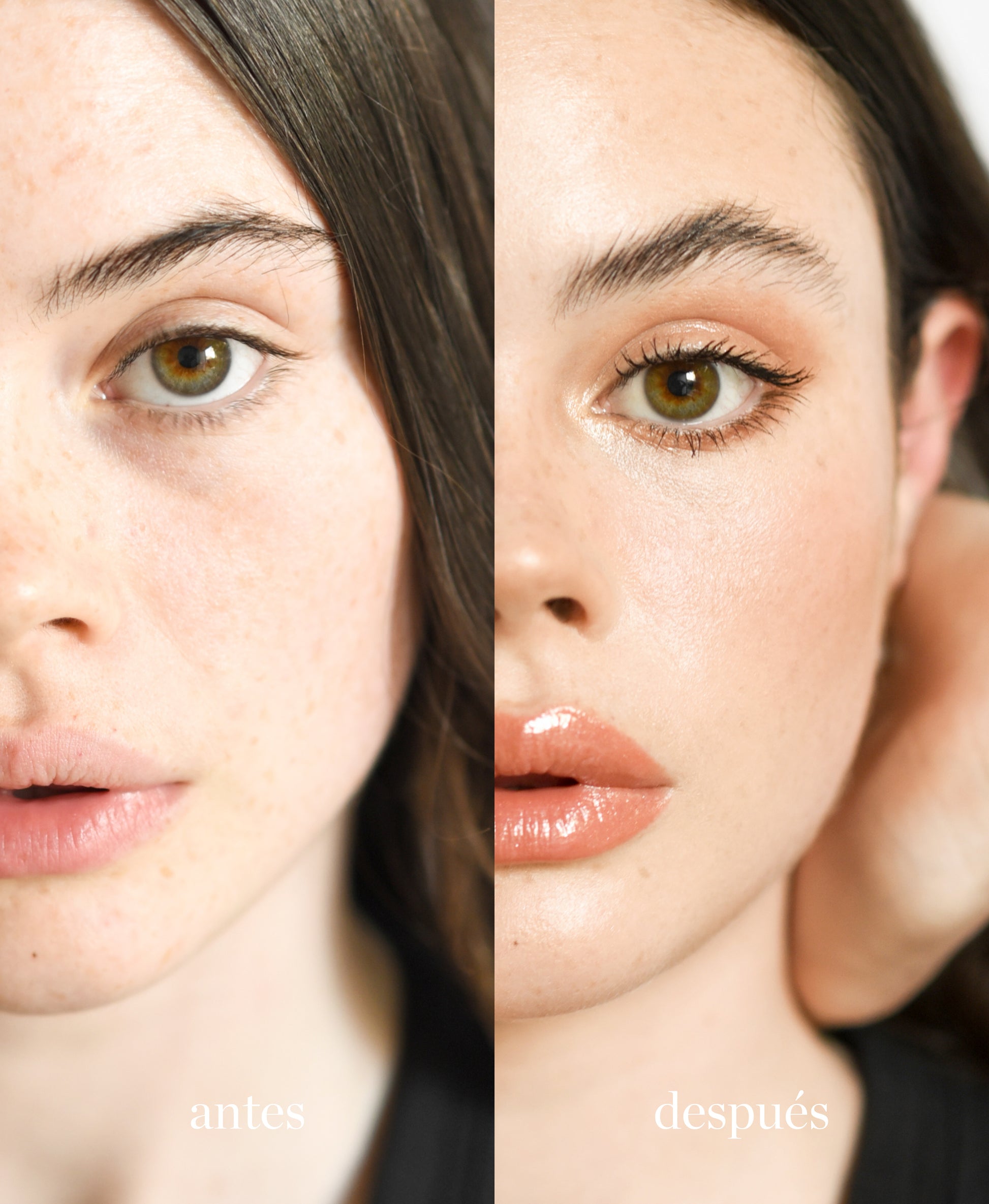 imagen de mujer con el antes y despues de utilizar tono latte de maquillaje de avena ere perez