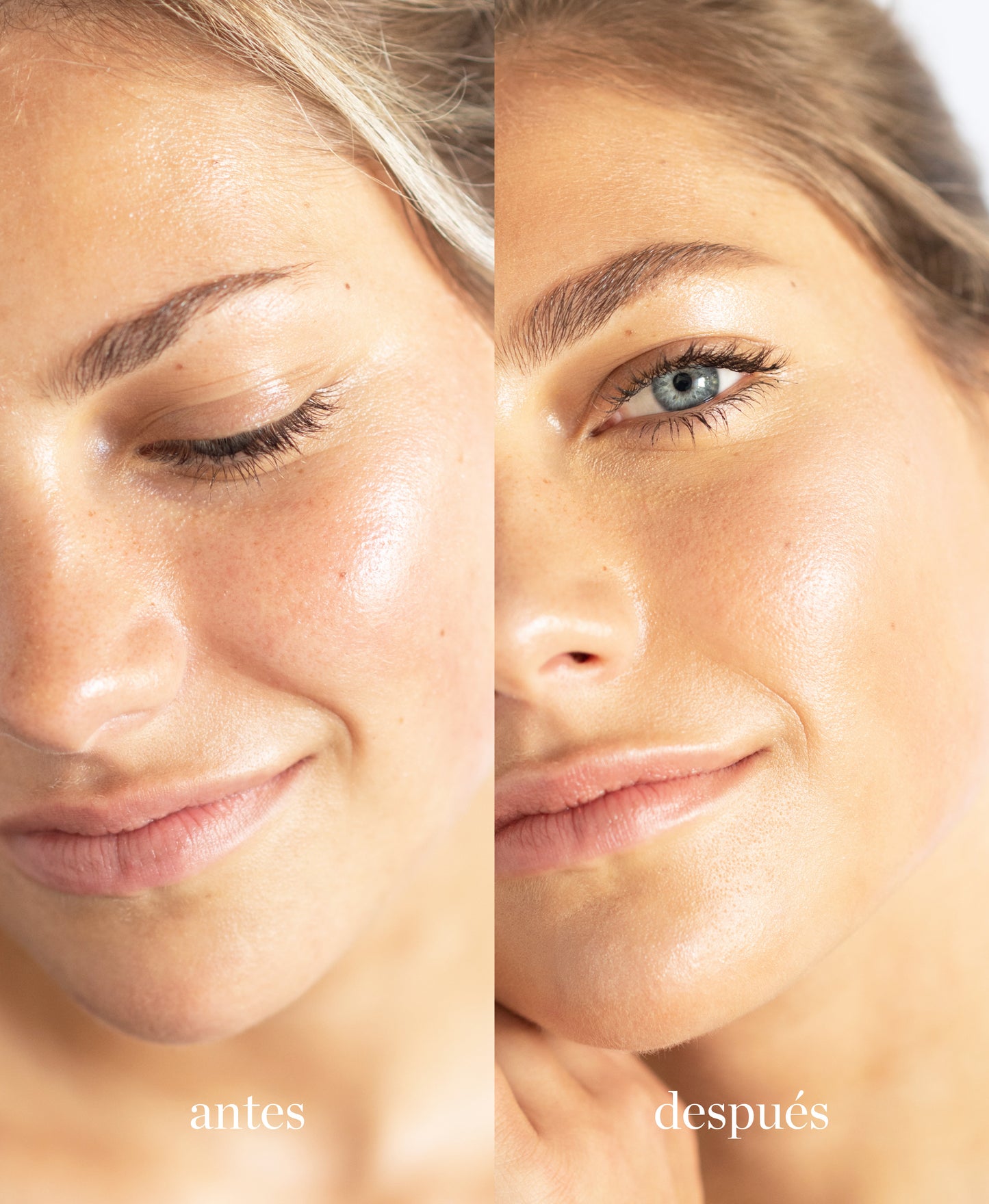 imagen de mujer con el antes y despues de utilizar tono maple de maquillaje de avena ere perez