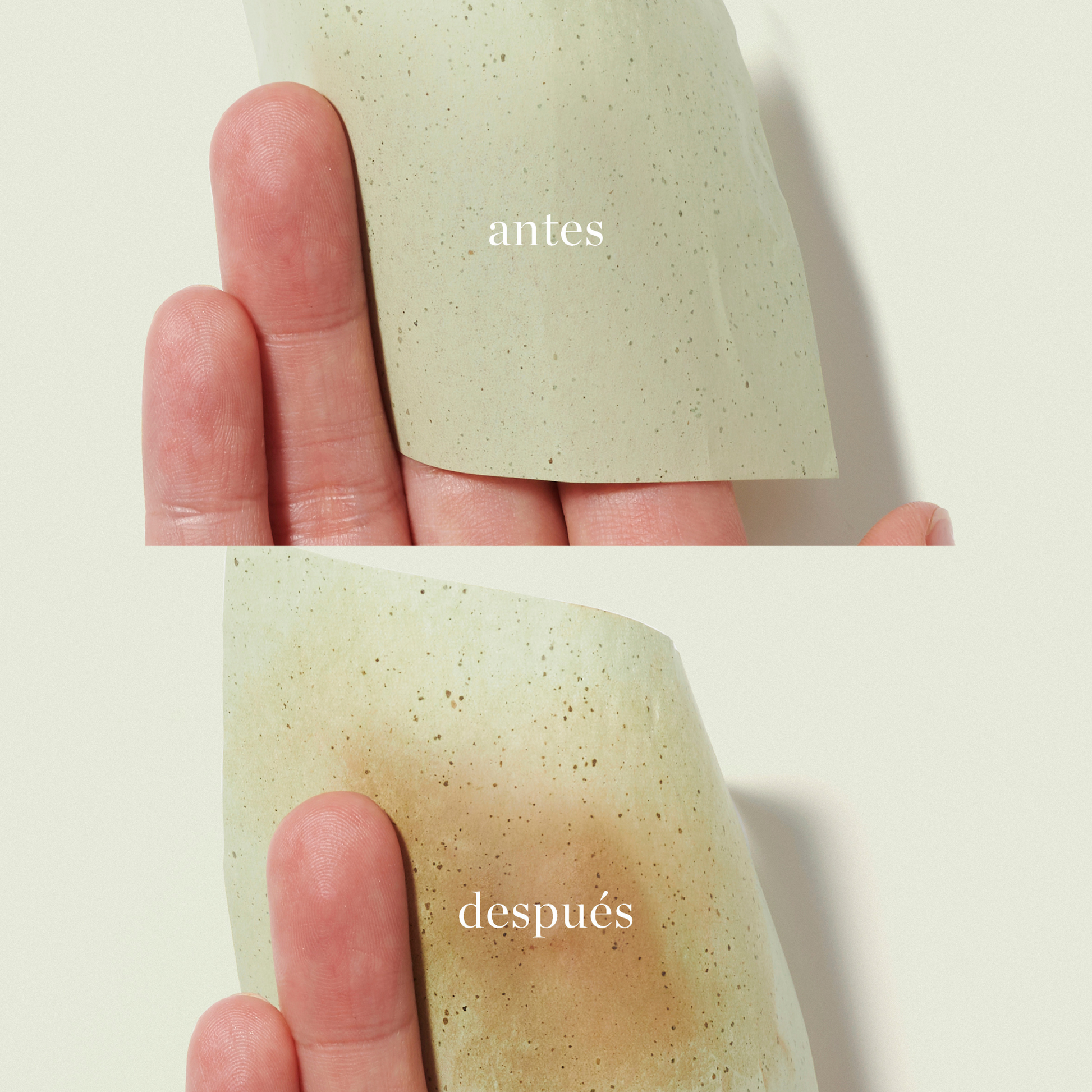 Demostracion de uso con antes y despues del papel matificate de te verde de Ere perez disponible en BLUMMA