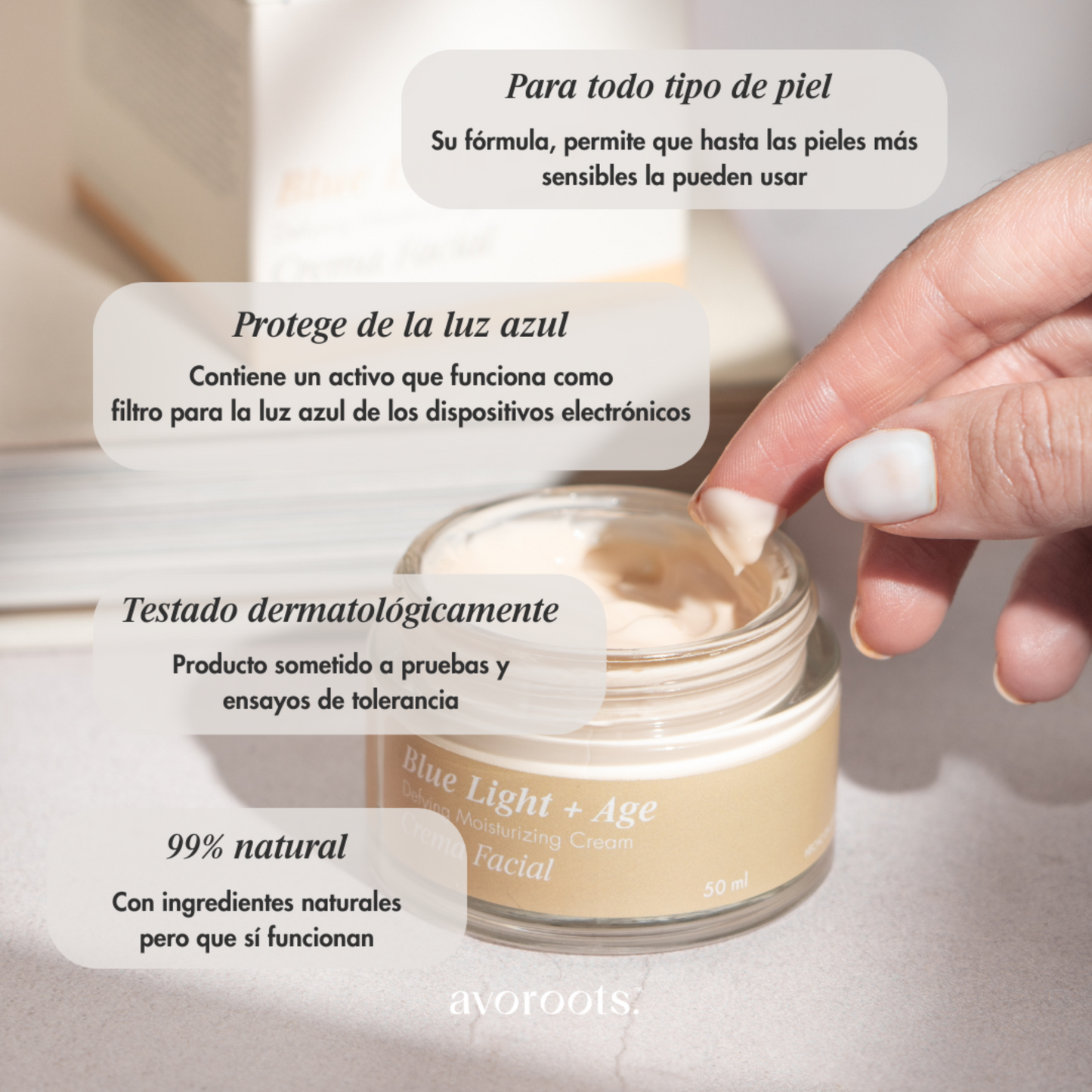 infografía de la crema facial blue light + age de avoroots