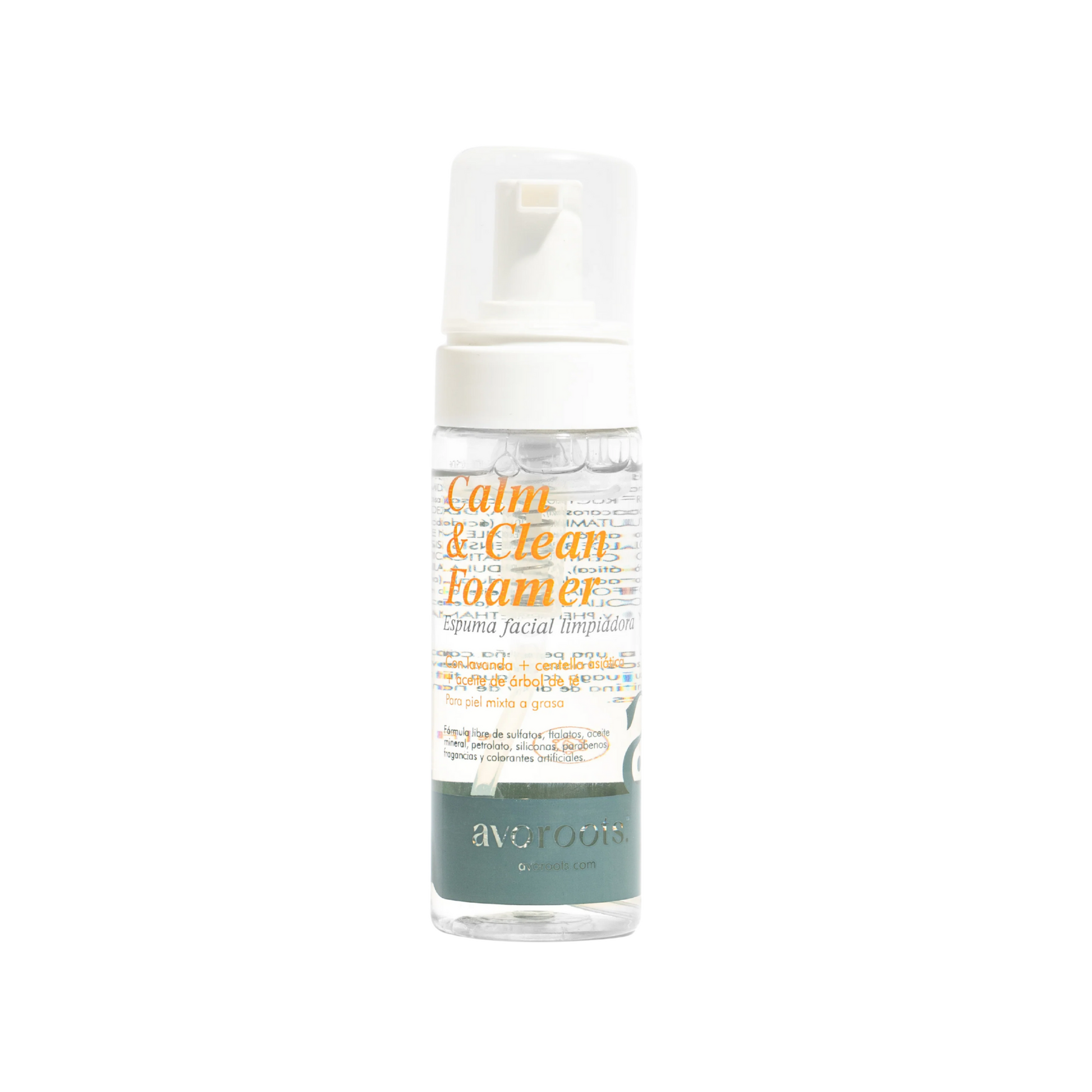 vista frontal de envase de plastico transparente del limpiador facial en espuma de avoroots