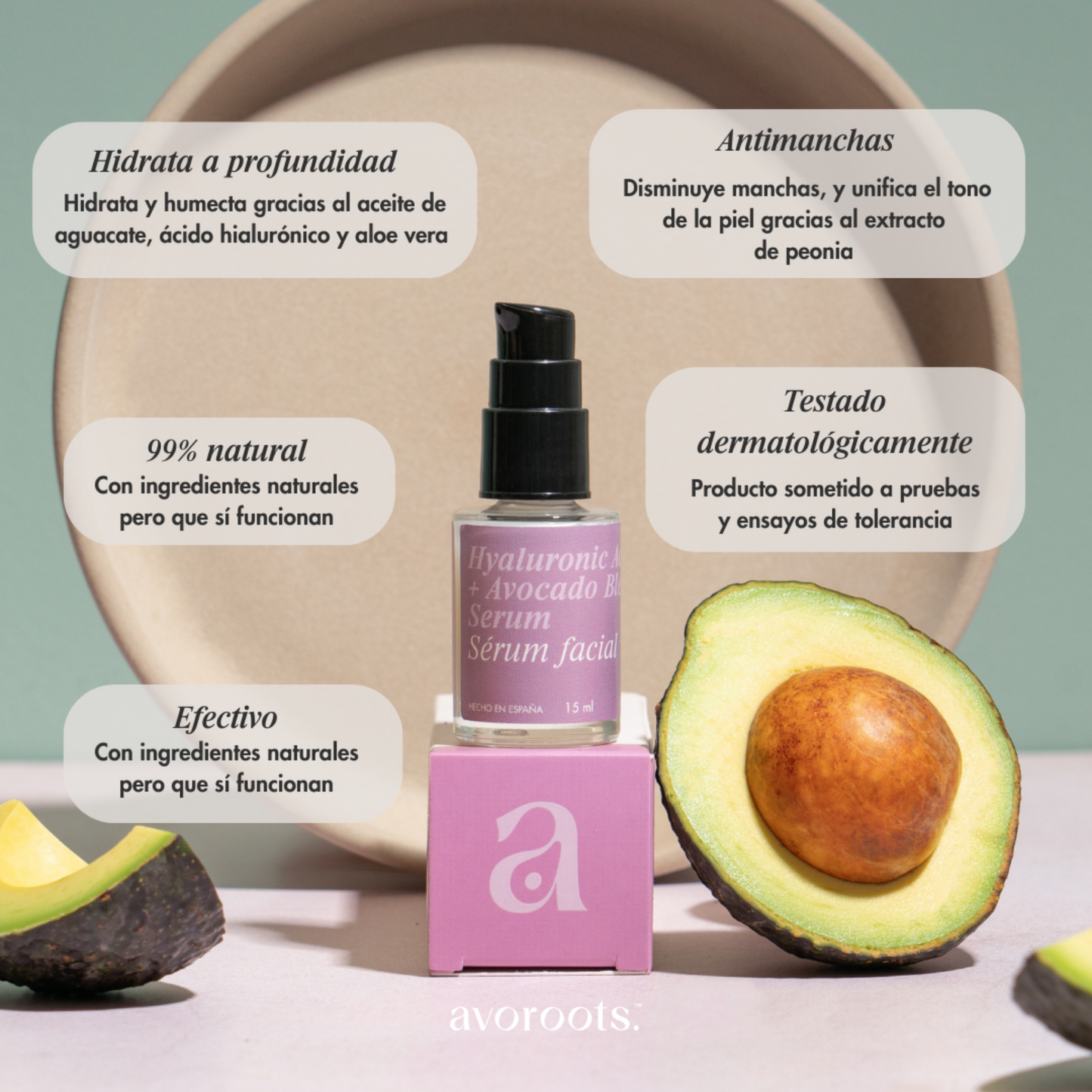 infografía del suero facial con acido hialuronico y aguacate