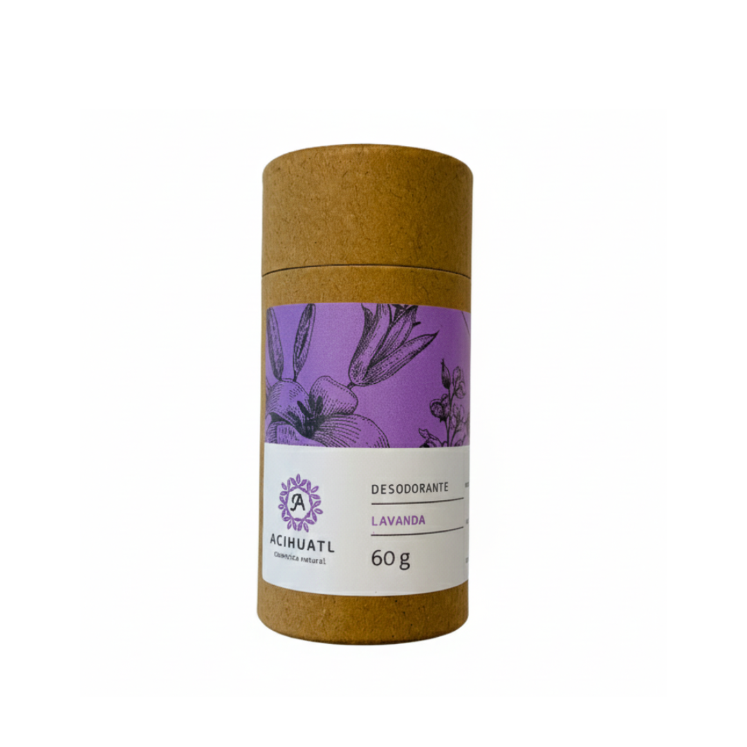 envase de carton con etiqueta morado con blanco e ilustraciones de flores del desodorante natural de lavanda marca acihuatl disponible en blumma