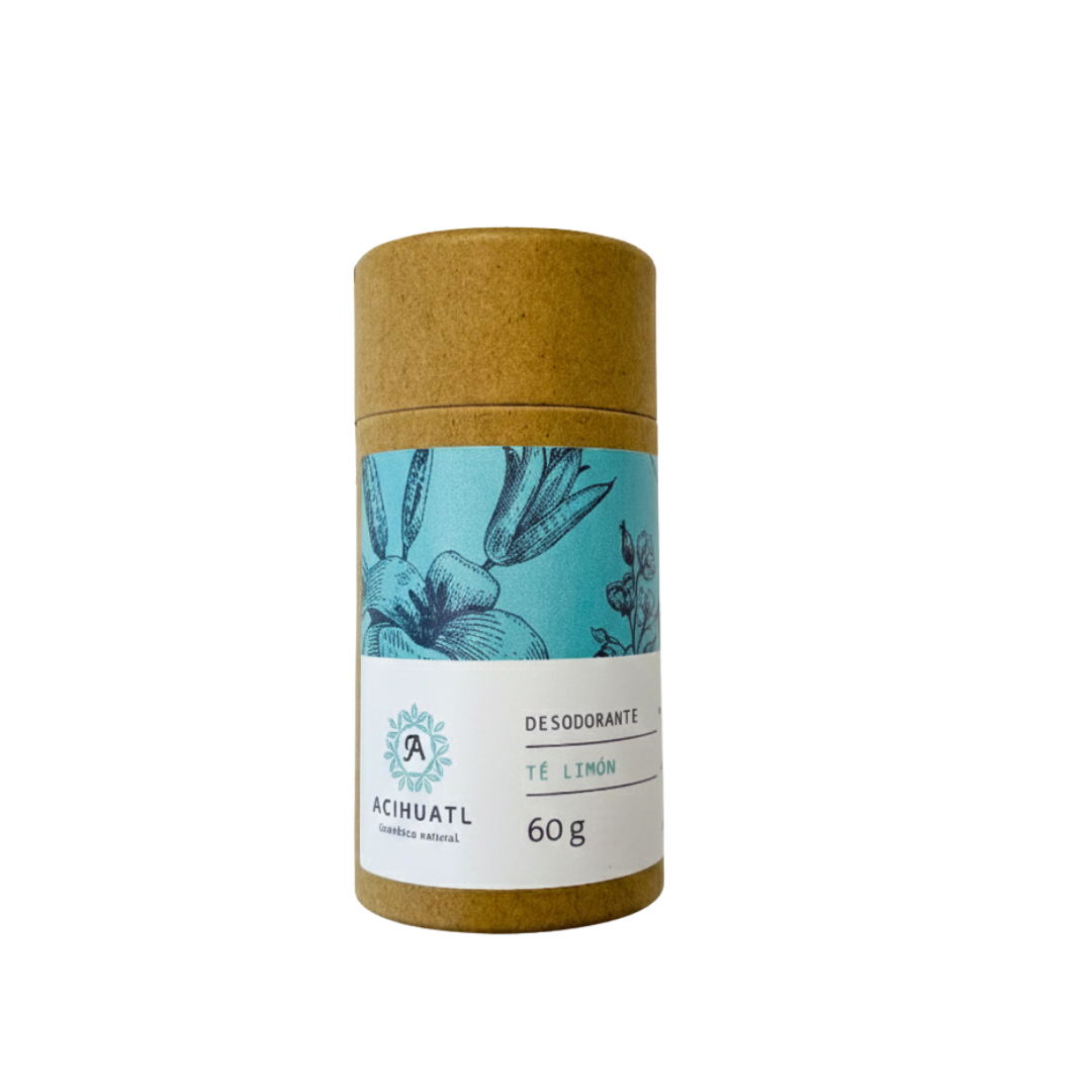 envase de carton con etiqueta azul con blanco e ilustraciones de flores del desodorante natural de limon marca acihuatl disponible en blumma