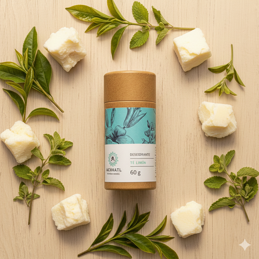 envase de carton con etiqueta azul con blanco e ilustraciones de flores del desodorante natural de limon marca acihuatl disponible en blumma