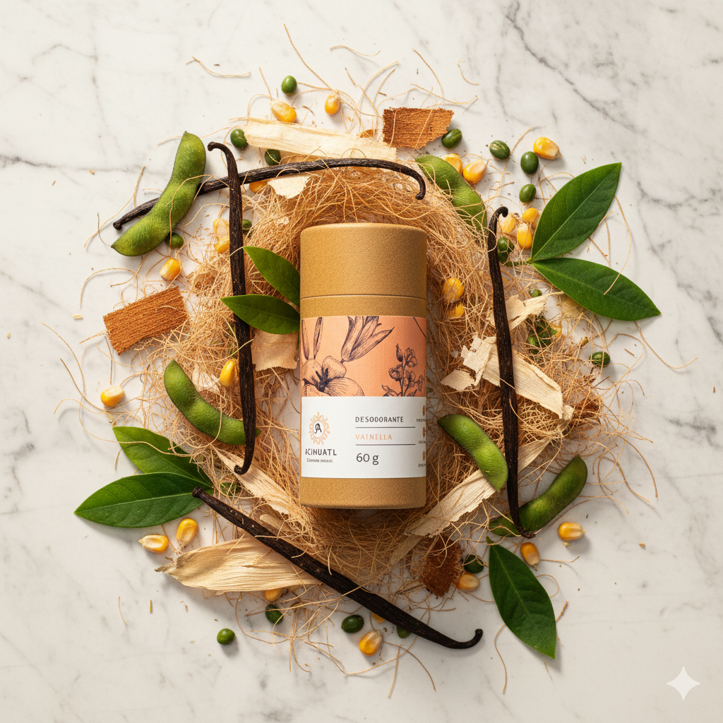 envase de carton con etiqueta naranja con blanco e ilustraciones de flores del desodorante natural de vainilla marca acihuatl disponible en blumma