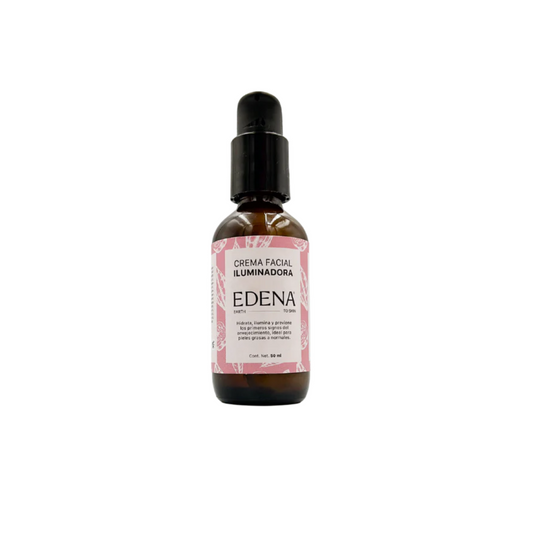 vista frontal de envase de vidrio color ambar de la crema facial iluminadora de edena en fondo blanco
